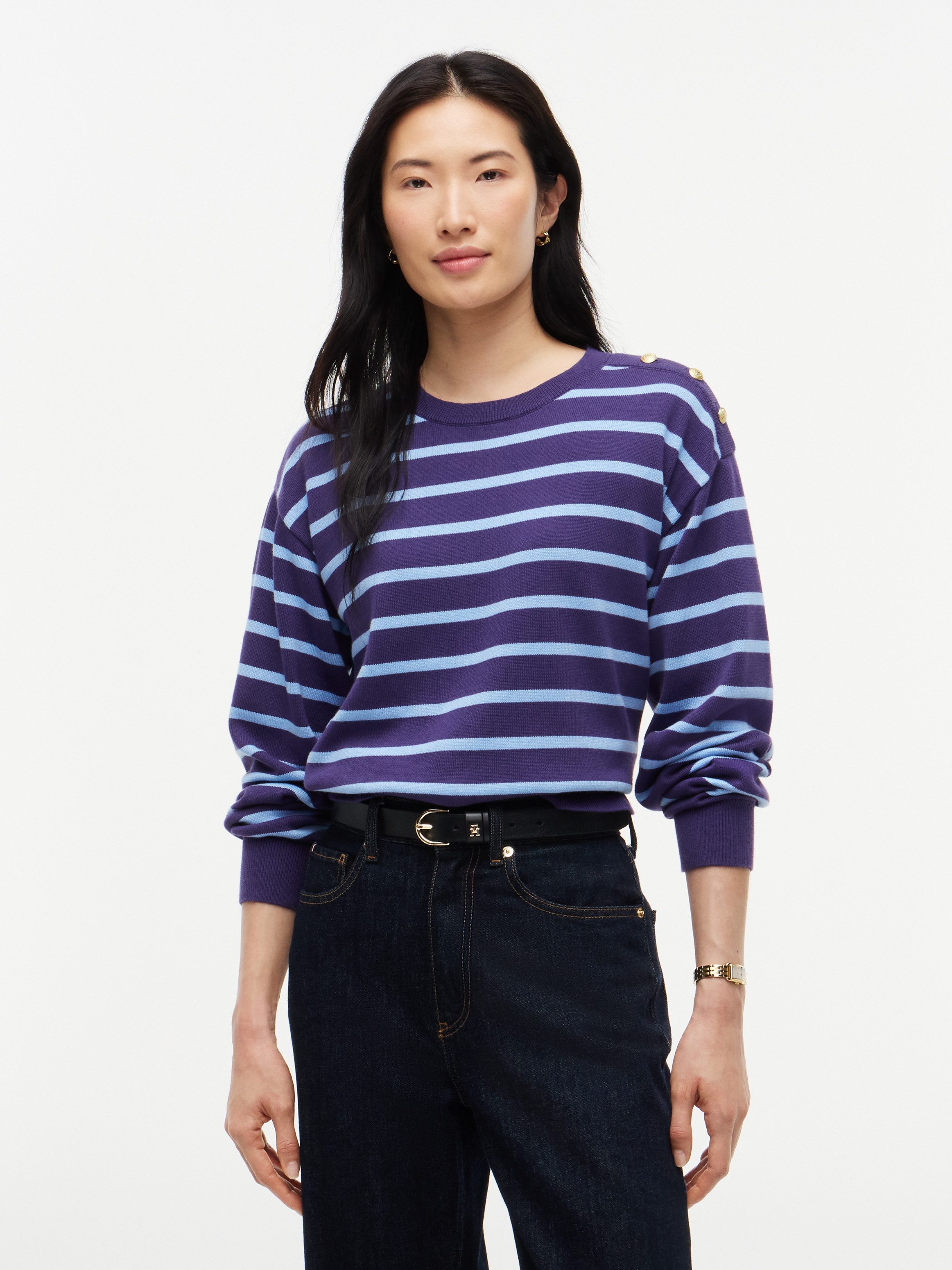 Tommy Hilfiger Strickpullover STRIPED SCRIPT LOGO SWEATER LS Baumwolle, goldfarbene Zierknöpfe
