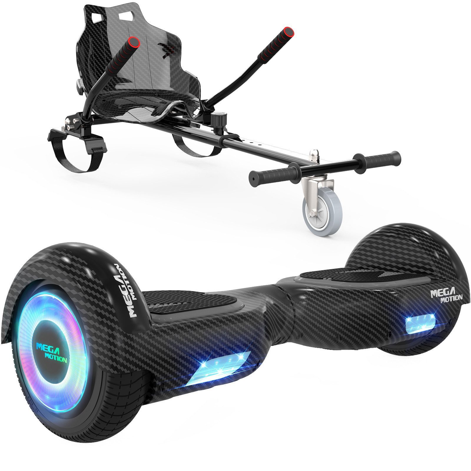 Mega Motion Balance Scooter 6.5 Zoll Hoverboards mit Sitz Hoverkart und Bluetooth und LED-Licht, 15 km/h, mit einem Go-Kart, Geschenk für Kinder und Jugendliche