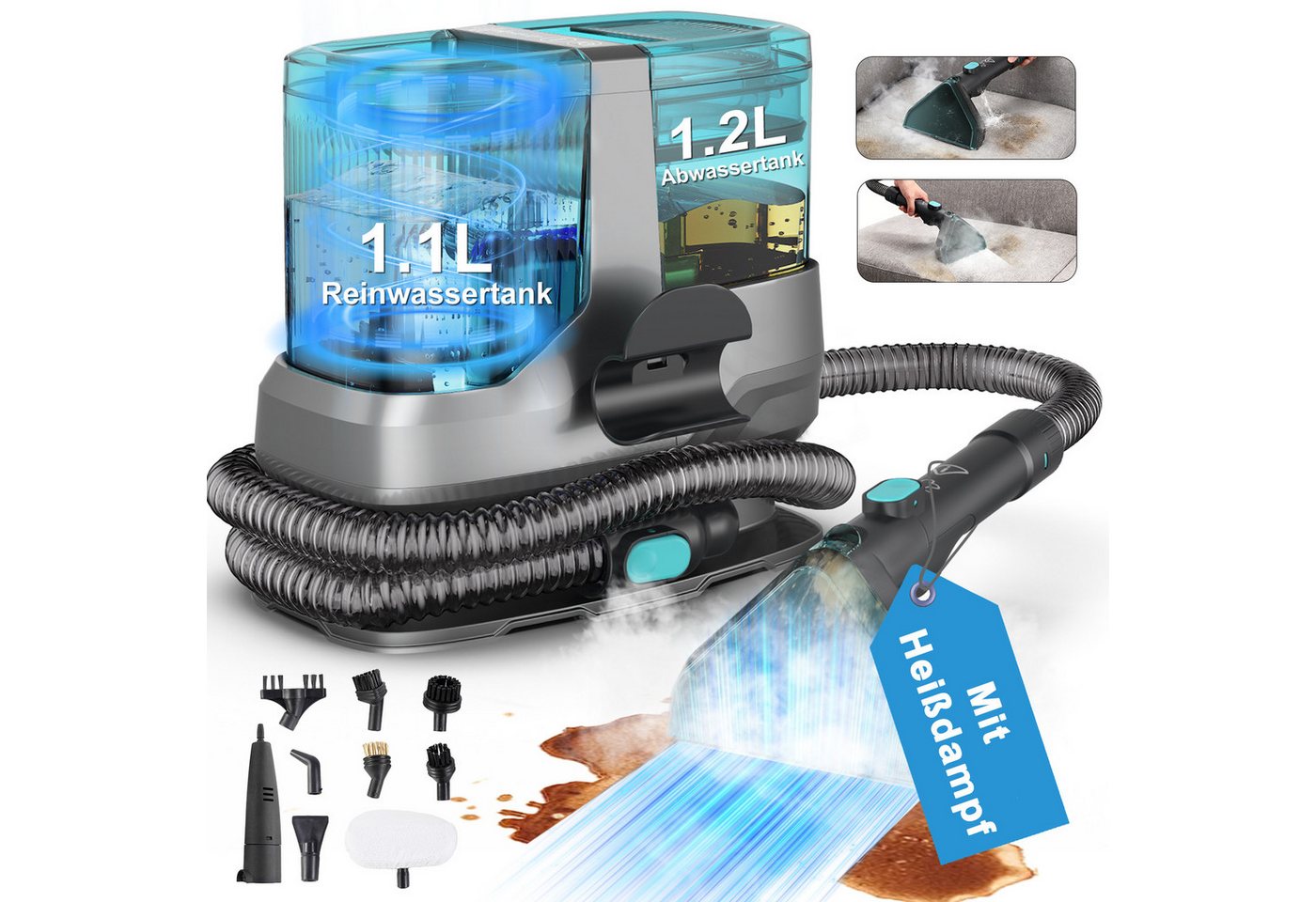 VacniQ Teppichreinigungsgerät Waschsauger 25000Pa Saugkraft, Teppichreiniger, 600W/1800W, Polsterreiniger Gerät, für Sofas,Teppiche,Auto,Matratze