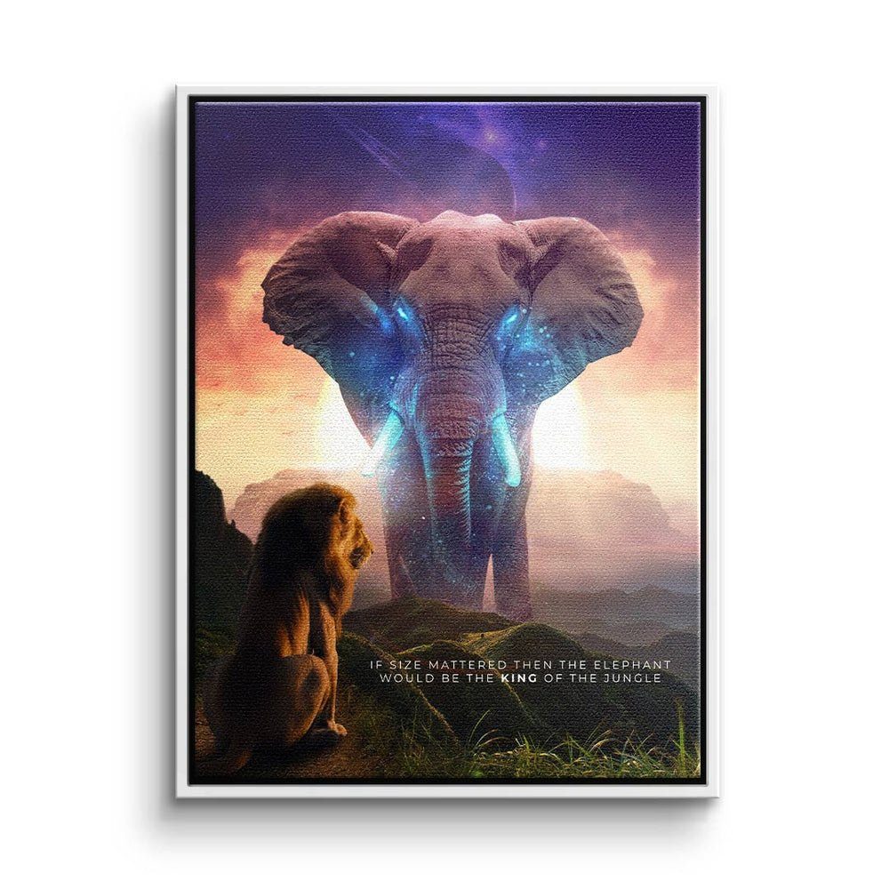 DOTCOMCANVAS® Leinwandbild, Premium Motivationsbild - Löwe und Elephant - True King weißer Rahmen