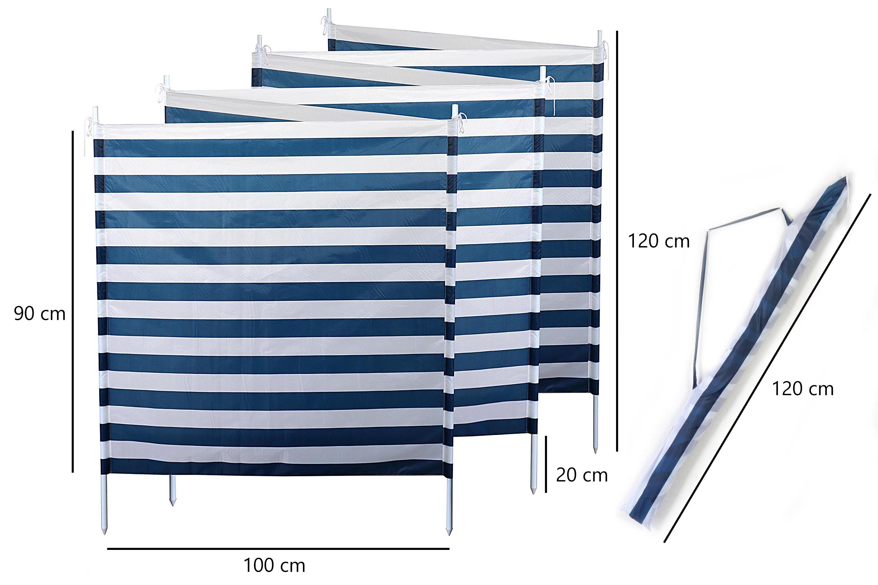 ELLUG Windschutz Windschutz Sichtschutz Sonnenschutz blau weiß gestreift  6m*1,2m, 7 Stahlstangen für Strand Camping Garten Balkon