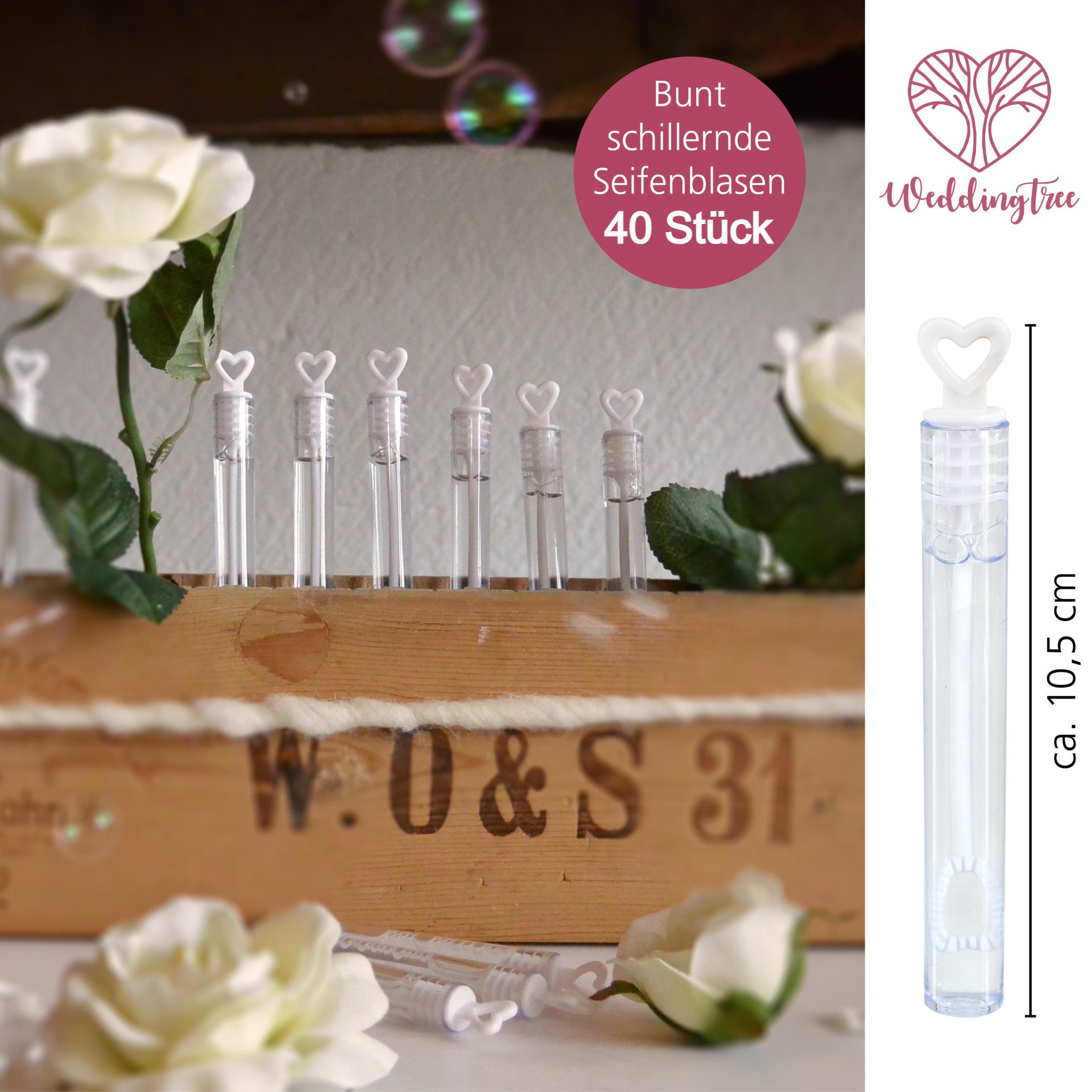WeddingTree Seifenblasenstab WeddingTree 40-teiliges Seifenblasen Set für Hochzeit in WEIß