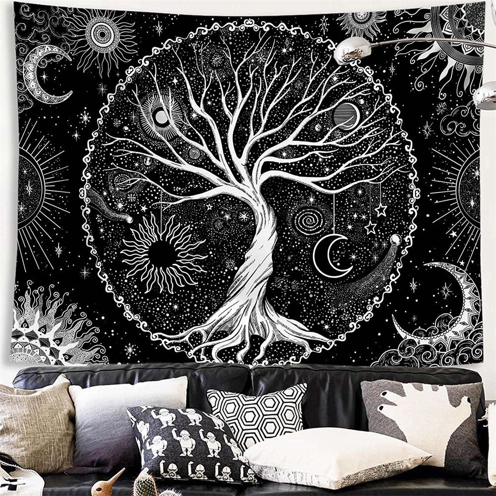 Wandteppich Baum des Lebens Tapisserie Schwarz und Weiß Wandteppich Schlafzimmer, Vaxiuja