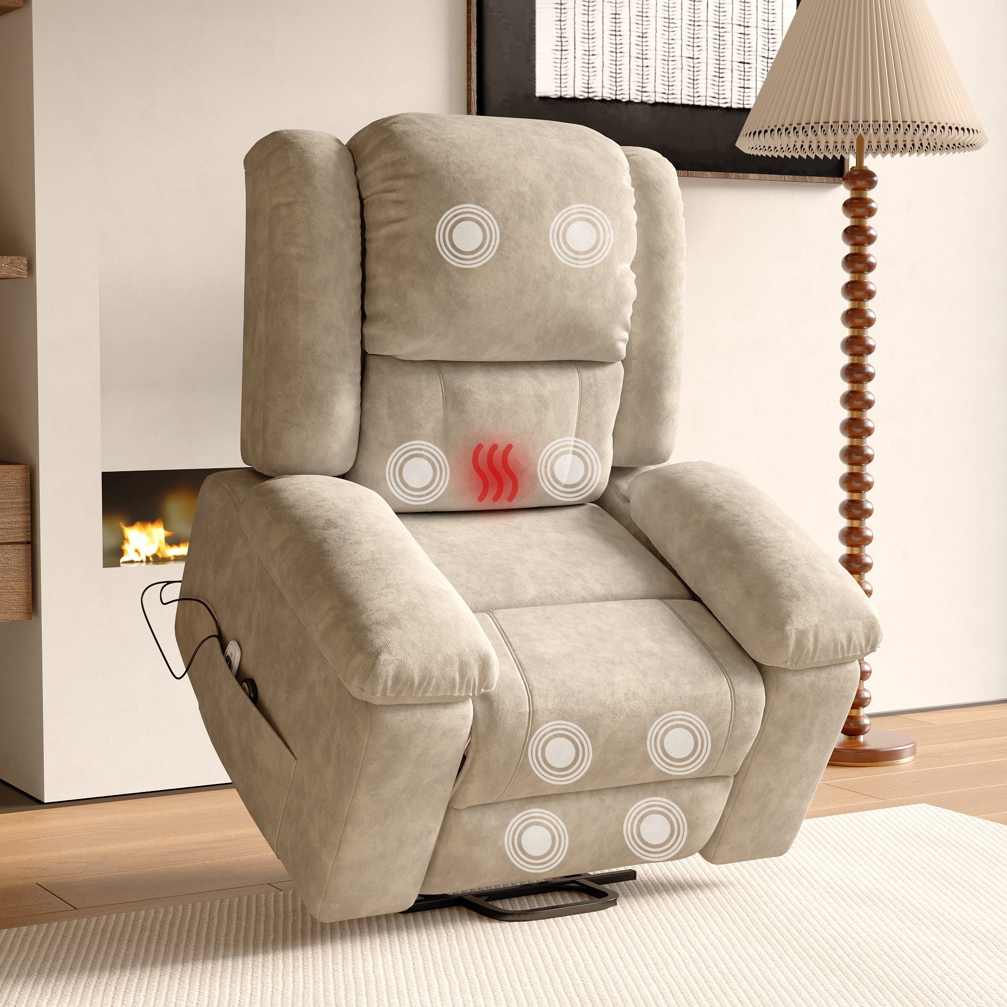 ADWOLT Relaxsessel Elektrisch Massagesessel mit Liegefunktion Fernsehsessel TV-Sessel (Set, 1-St), 360°Drehbarer Liegesessel Heizung Verstellbar Sessel bis 150 kg Beige