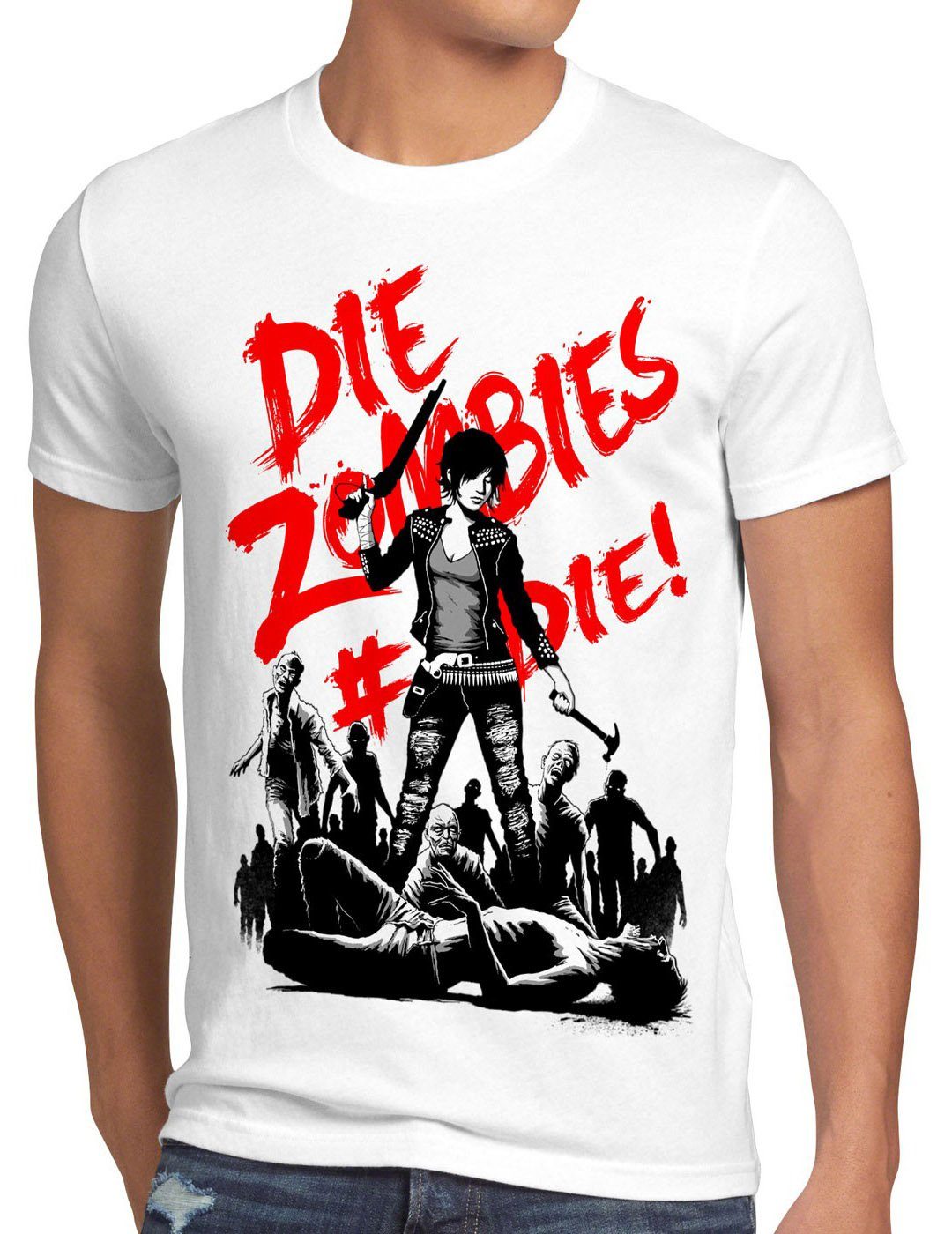 axt horror walking T-Shirt Zombie the Herren Print-Shirt shotgun dead style3 dixon daryl weiß halloween