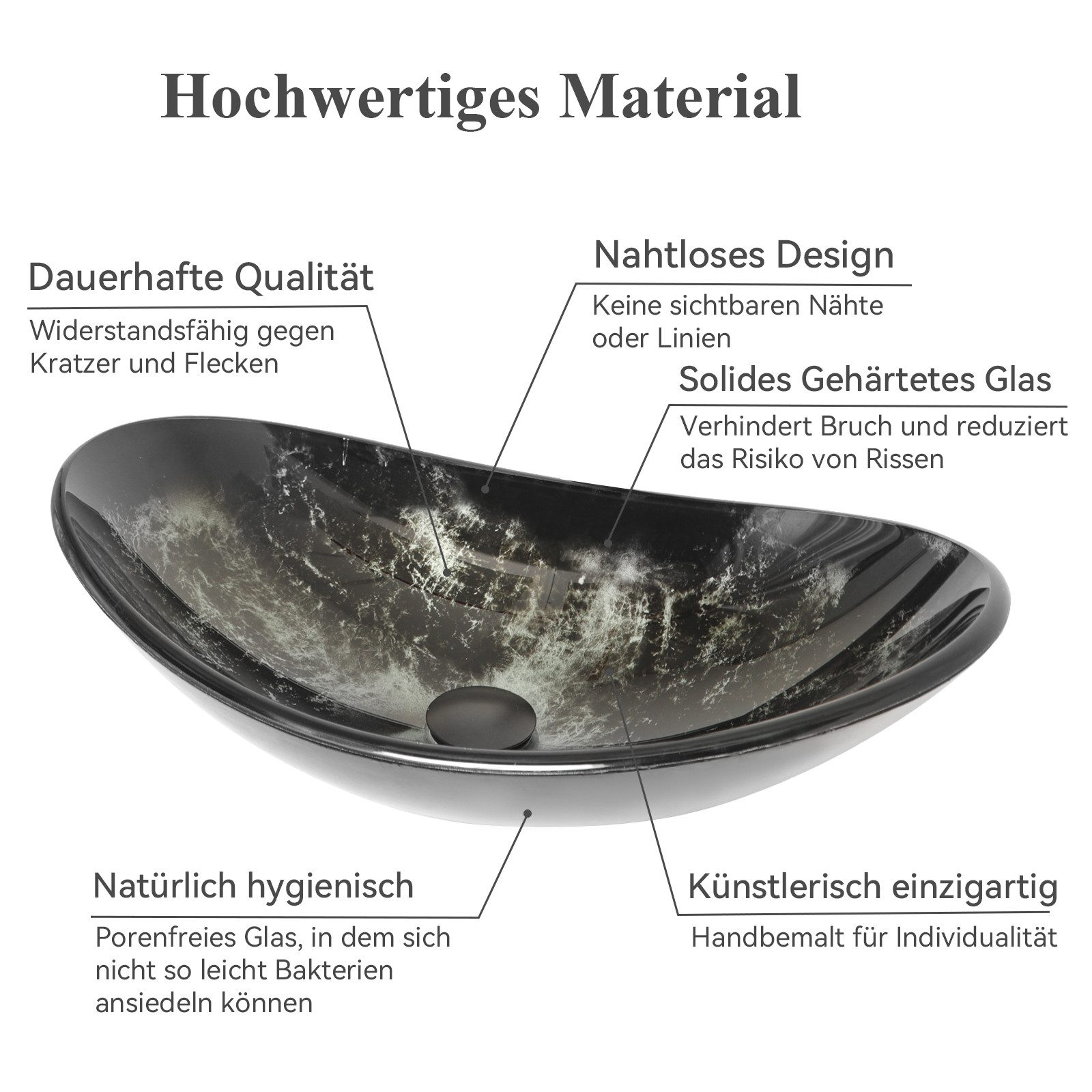 Puluomis Aufsatzwaschbecken Waschbecken Set mit Wasserhahn und Ablaufgarnitur Oval, Handgezeichnet Waschschale, Waschplätze für Badezimmer Küche WC