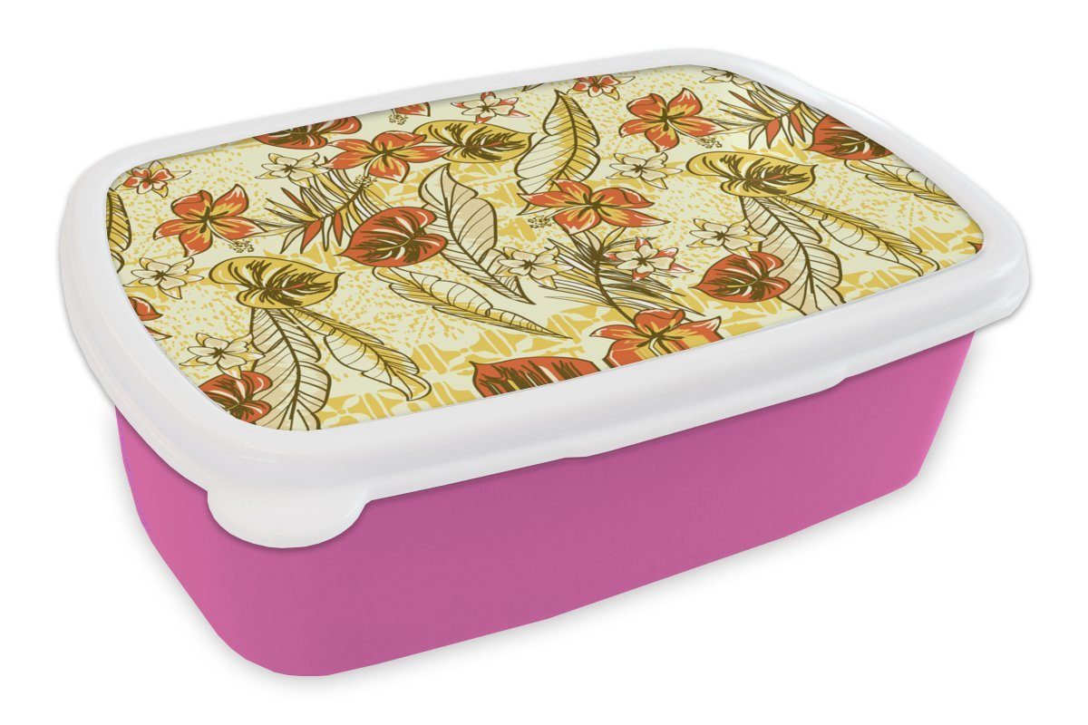 MuchoWow Lunchbox Vintage - Blumen - Blätter - Hawaii - Muster, Kunststoff, (2-tlg), Brotbox für Erwachsene, Brotdose Kinder, Snackbox, Mädchen, Kunststoff rosa