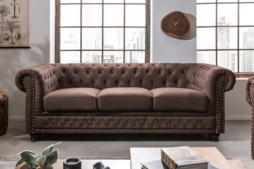 riess-ambiente Sofa CHESTERFIELD · braun, Teile, · 1 Microfaser 3-Sitzer Wohnzimmer Couch vintage Federkern 200cm · · mit