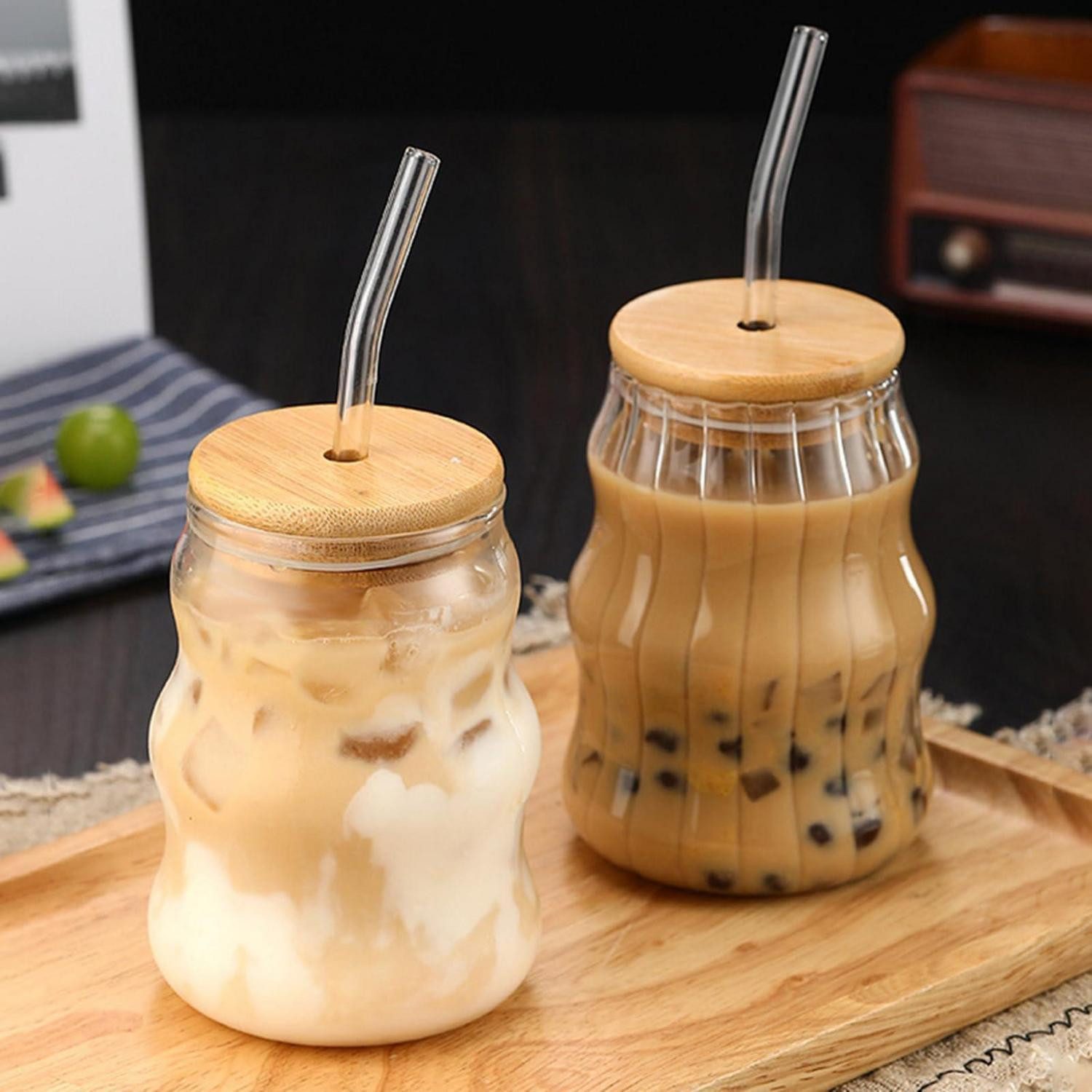 LuxusKollektion Latte-Macchiato-Glas Bubble Gläser 2er Set 530ml gerippt m. Bambusdeckel, Glas