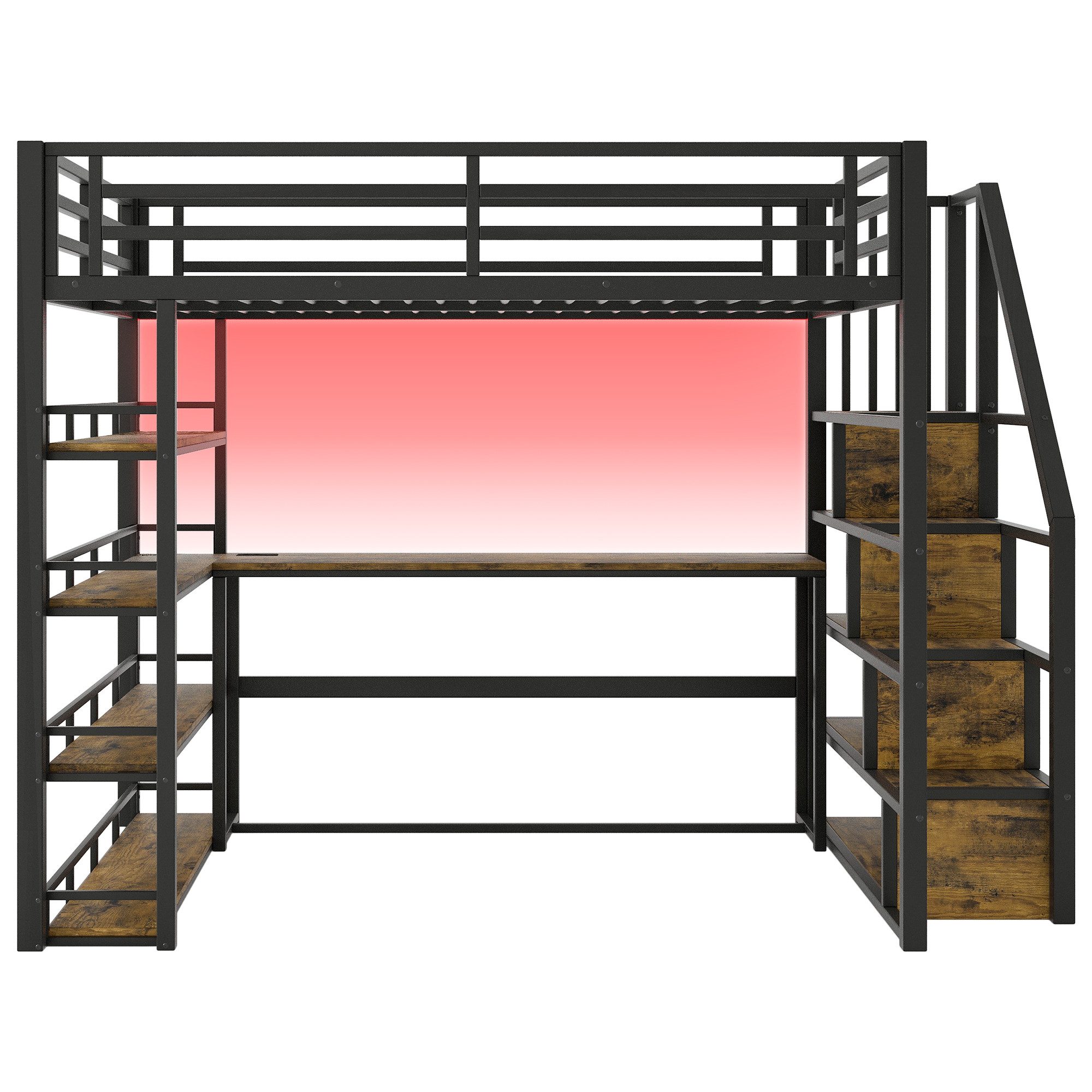 Flieks Loft Bed LED Metal Bed 140x200cm with Storage Staircase, Desk and Charging