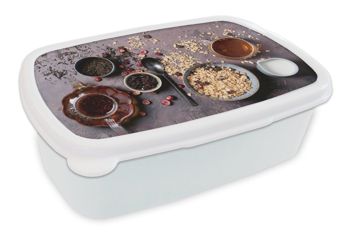 MuchoWow Lunchbox Haferflocken - Getrocknete Früchte - Gewürze - Industriell, Kunststoff, (2-tlg), Brotbox für Kinder und Erwachsene, Brotdose, für Jungs und Mädchen weiß