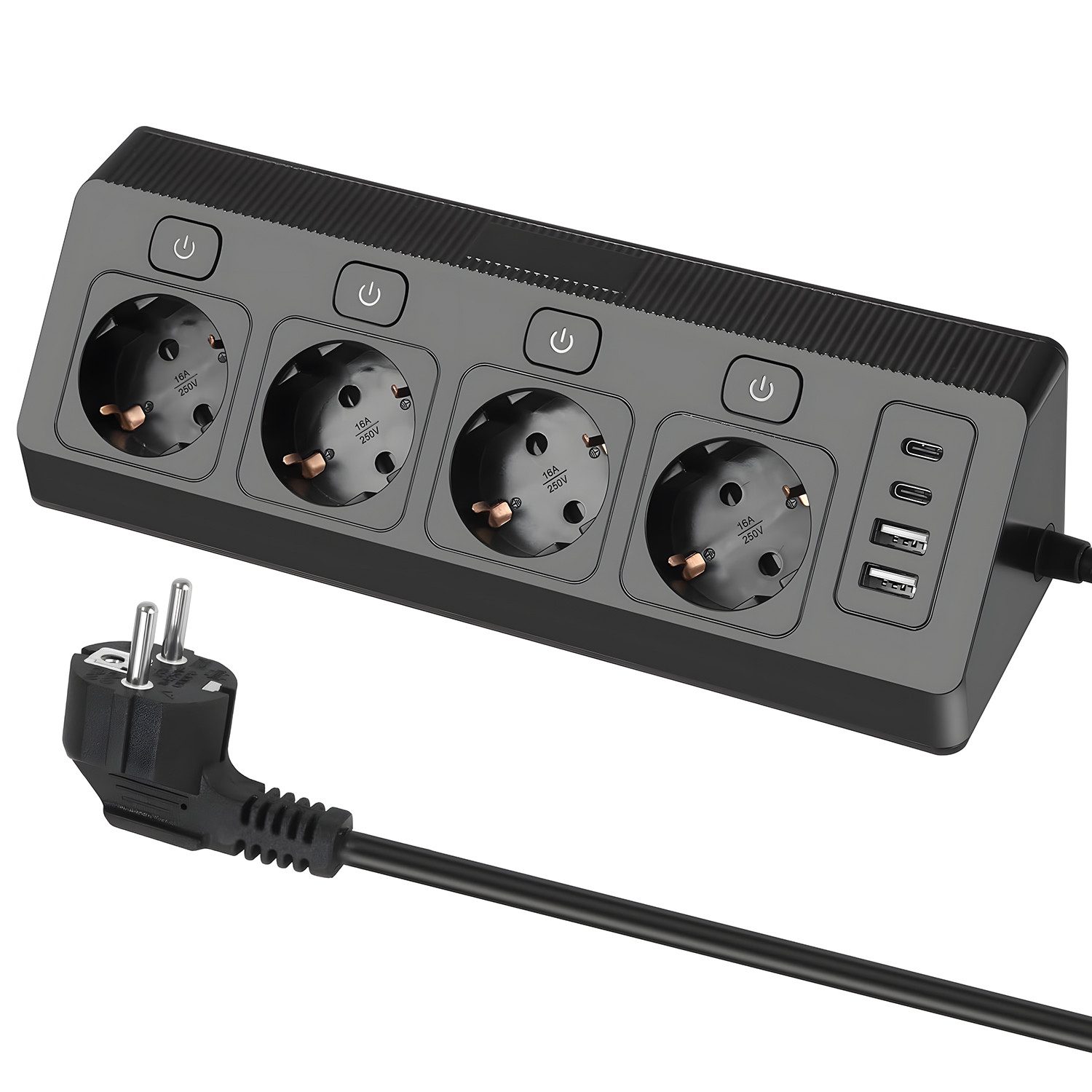 AKKEE Tischsteckdosenleiste mit 4/5/6 Steckdosen, Unabhängigem Schalter Mehrfachsteckdose (2M Verlängerungskabel für Küche, Büro, Haushalt, Kabellänge 4 m), Steckdosenleiste Mit 4 USB (2 USB C)+5 Fach Steckdose