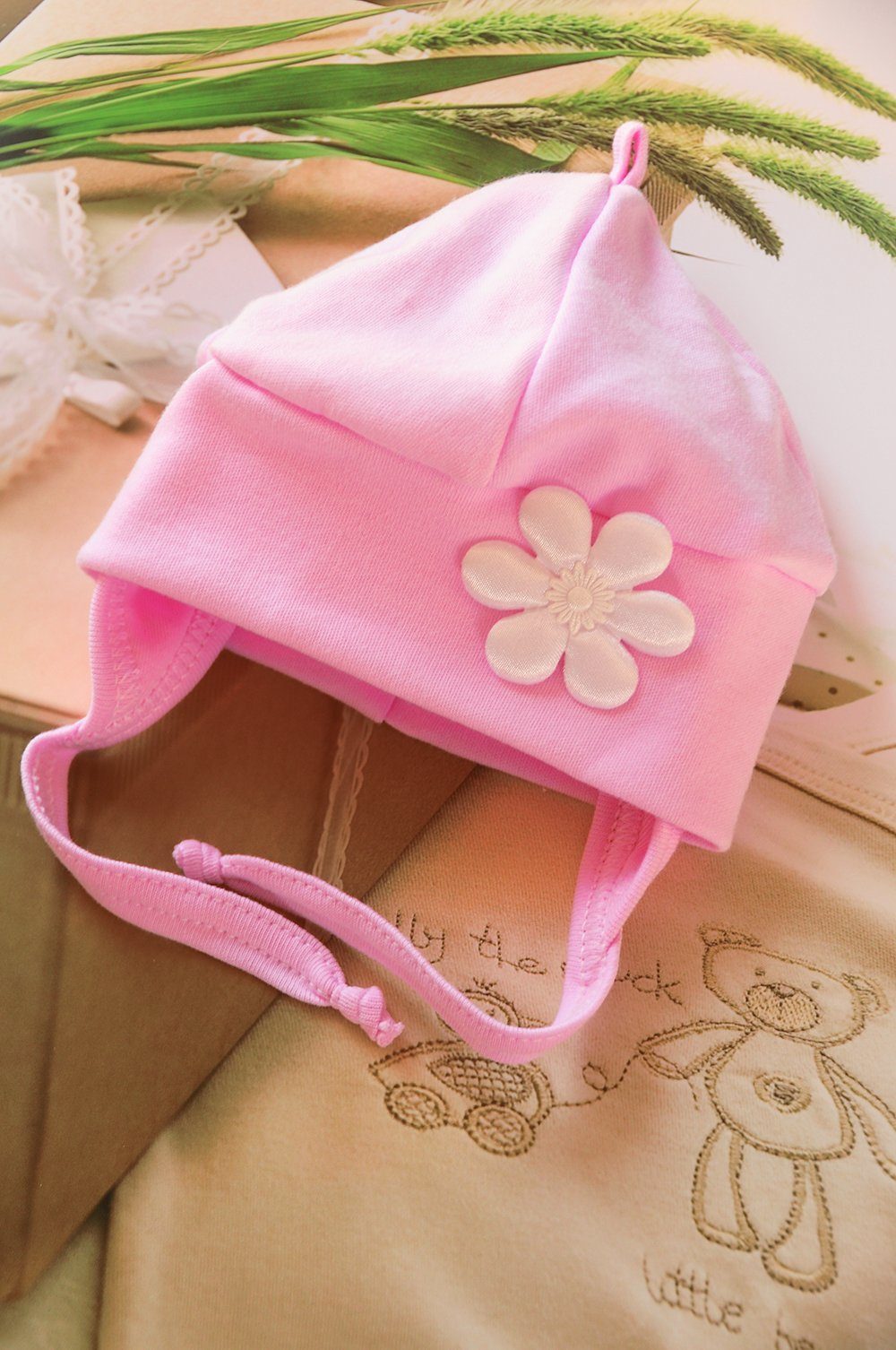 La Bortini Erstlingsmütze Mütze für Babys Neugeborene und Kleinkinderin Rosa mit Blumen aus reiner Baumwolle, 32 34 36 38 40 42 44 46