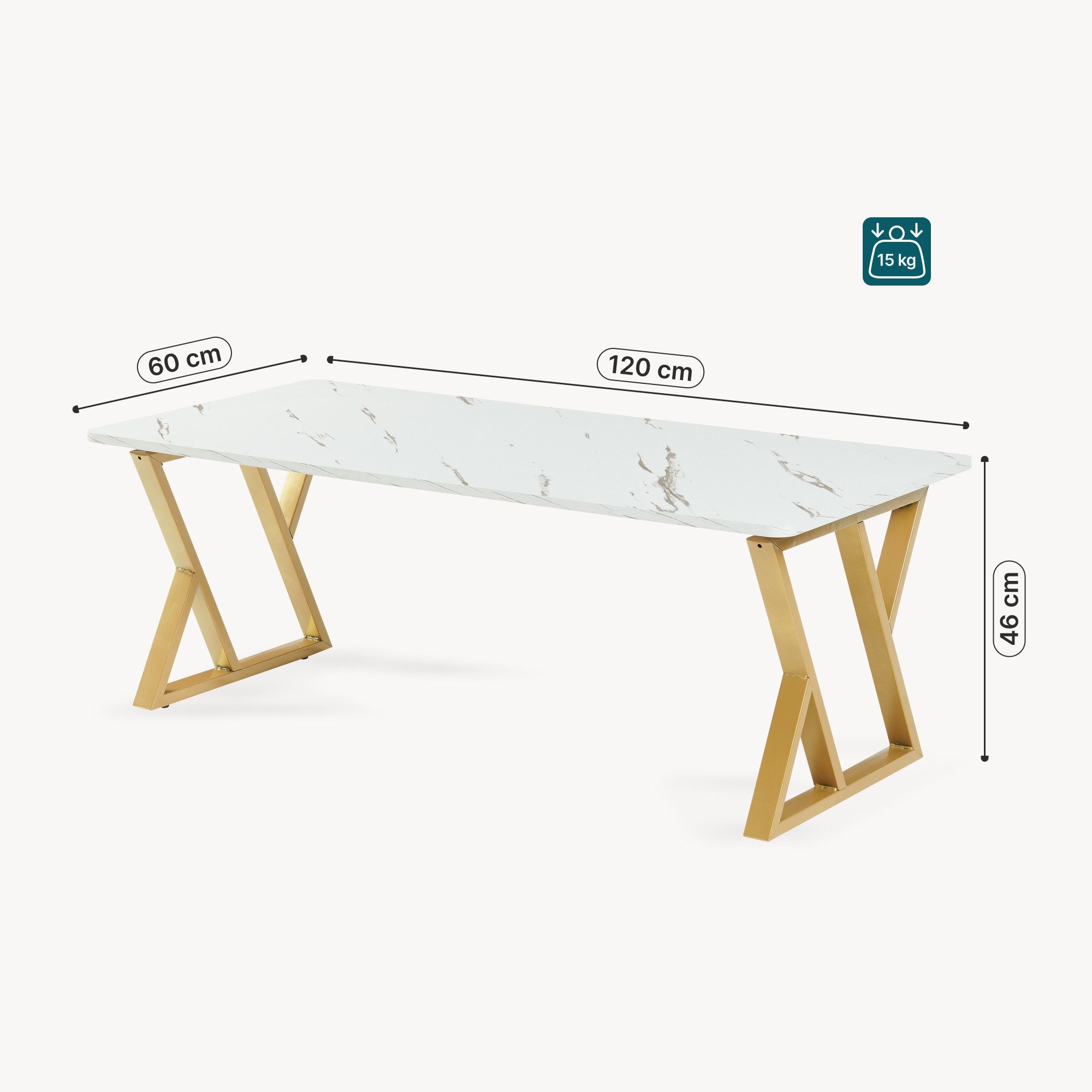 en.casa Couchtisch, »Nolu« 120 x 60 x 46 cm Metallgestell Goldfarben/Marmoroptik, weiß