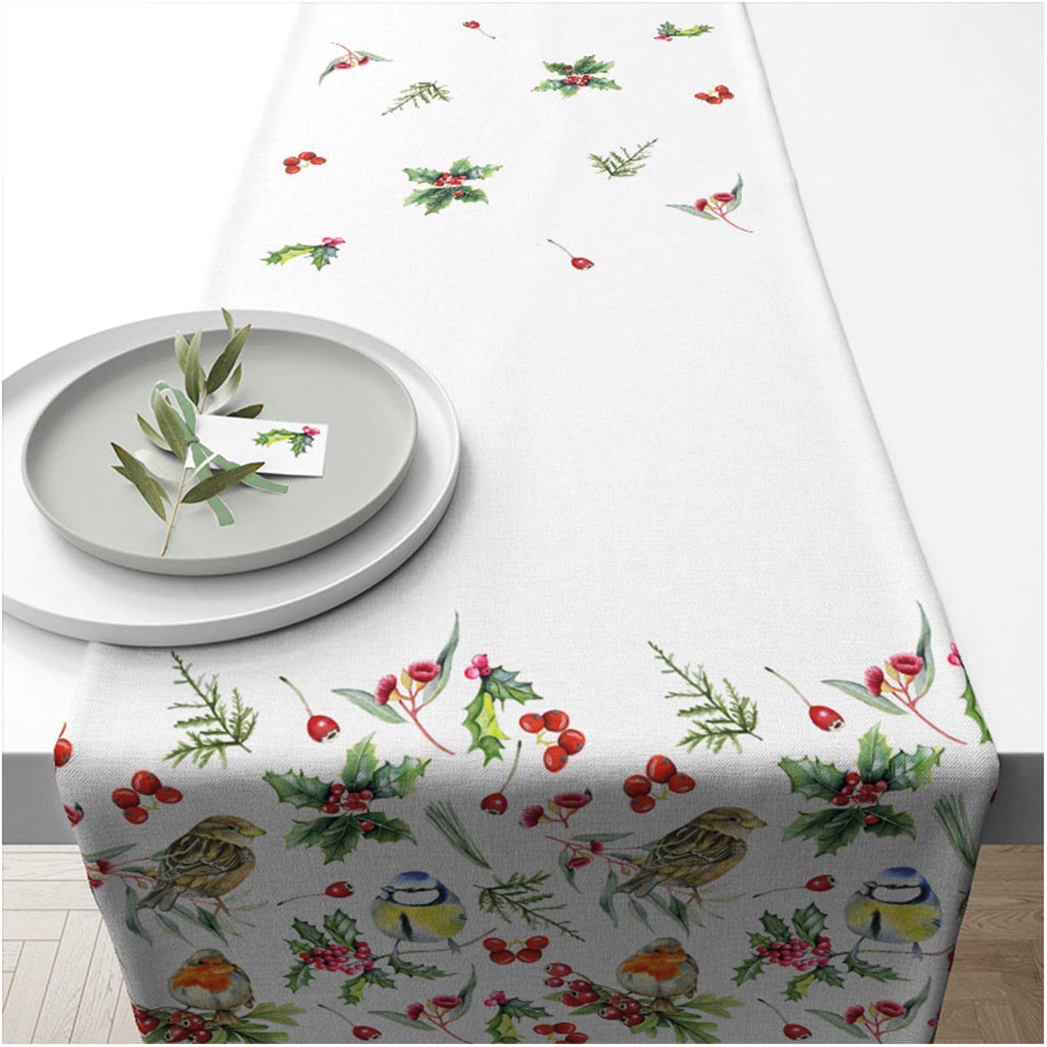 Ambiente® Tischläufer Birds in winter (1-tlg, 1-teilig), Tischläufer Tischdecke ca.40x150cm Baumwolle