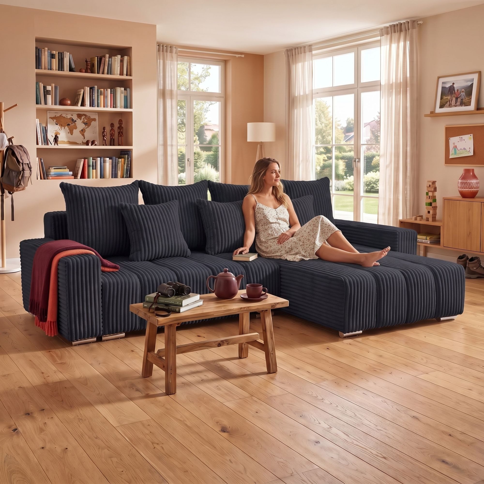 Muffo Ecksofa PIANO, elegante vertikale Nähte, Bettzeugablage, Schlaffunktion 234x137, Lose Rückenkissen