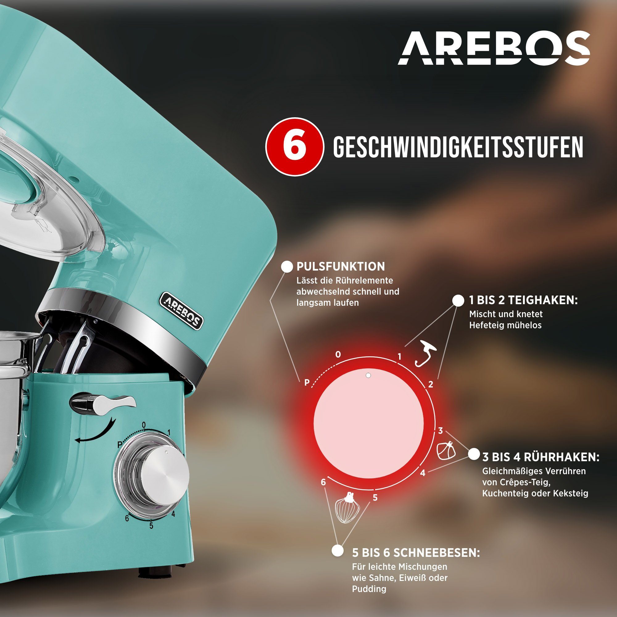 Arebos Küchenmaschine mit 2x Edelstahl-Rührschüsseln 4,5 & 5,5L, 1500 W, 5,50 l Schüssel, Küchenmixer mit Rührhaken, Knethaken, Schlagbesen und Spritzschutz