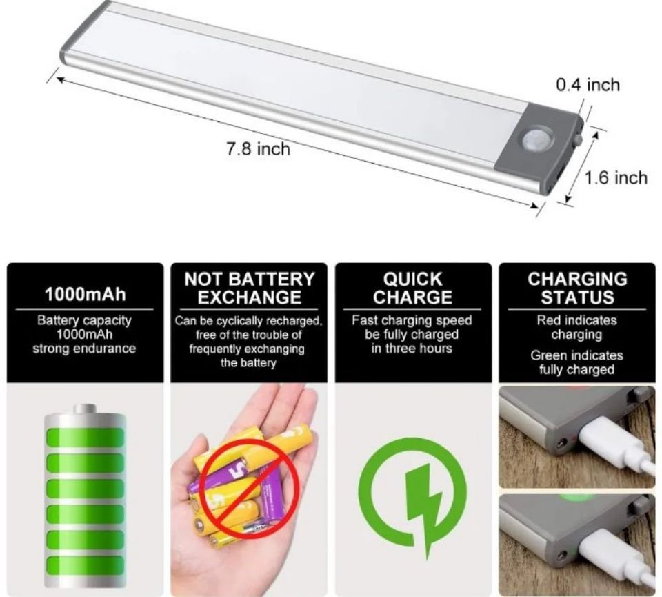 Ciskotu LED chranklicht,Unterbauleiste Kaltes Sensor USB Licht, Batterie 30LED, Licht Beleuchtung,Sensor Weiß, Wiederaufladbar Unterbauleuchte Nachtlicht