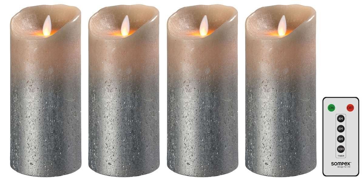 SOMPEX LED-Kerze 4er Set Flame LED Kerzen Sand metallic 18cm (Set, 5-tlg.,  4 Kerzen, Höhe 18cm, Durchmesser 8cm, 1 Fernbedienung), fernbedienbar,  integrierter Timer, Echtwachs, täuschend echtes Kerzenlicht, optimales Set  für den Adventskranz