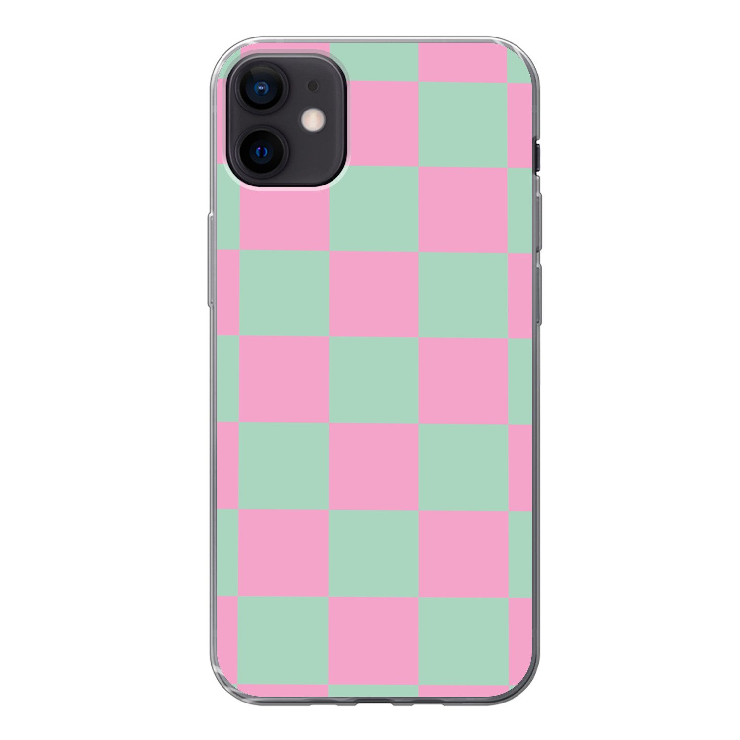 MuchoWow Handyhülle für Apple iPhone 12 mini Schachbrettmuster - Grün - Rosa - Würfel, Smartphone-Bumper, Print, Handy Schutzhülle Dünn