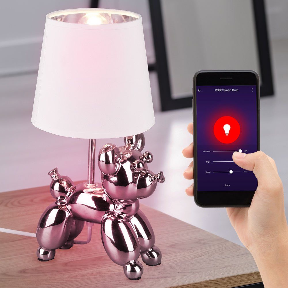 etc-shop Smarte LED-Leuchte, Smart RGB LED Tisch Lampe Keramik Hund silber DIMMER Textil-