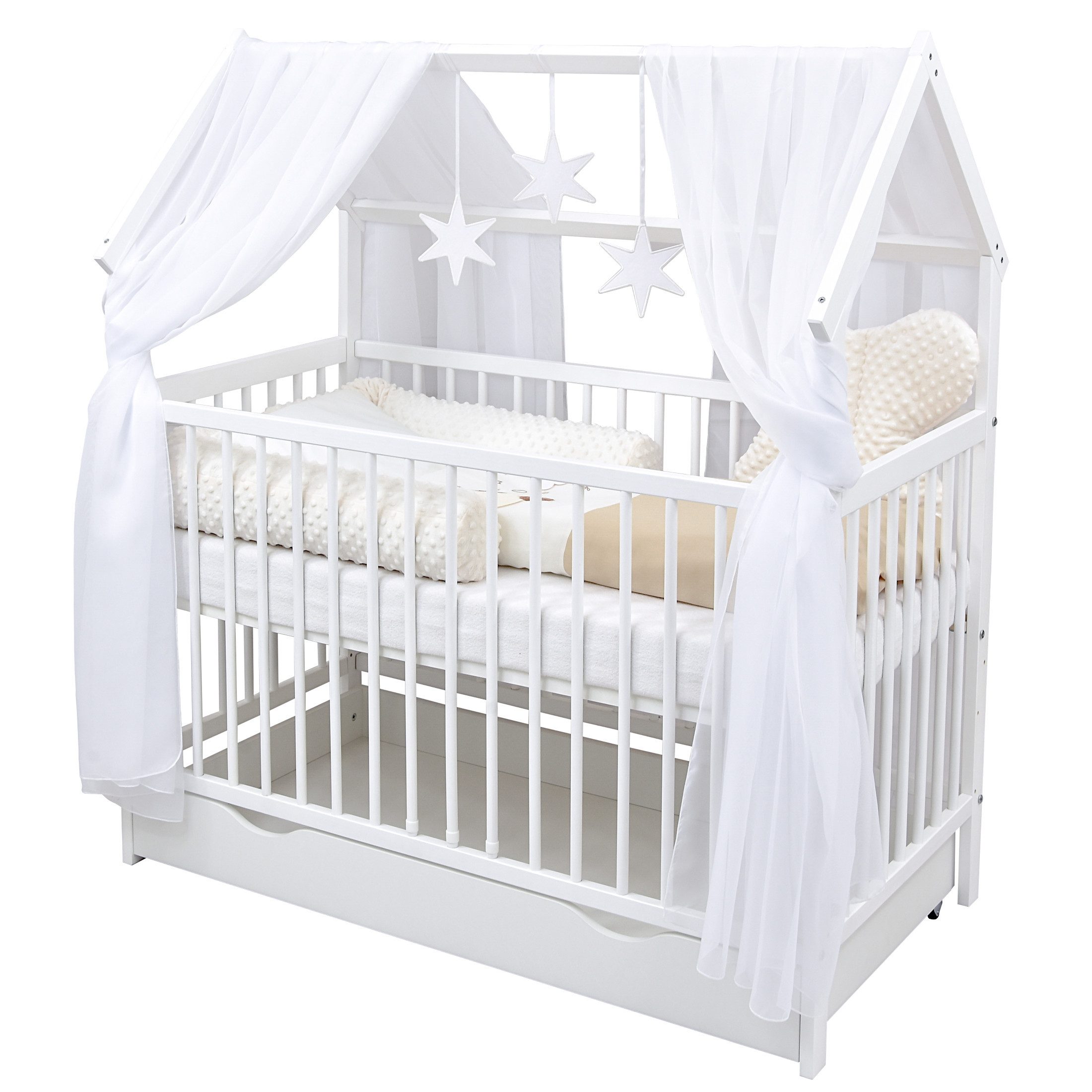 Baby-Delux Komplettbett Hausbett Babybett Schublade Schutzgitter Beißschienen Komplettset, 11-tlg., Kinderbett 60x120 cm weiß, Bettset verschiedene Designs