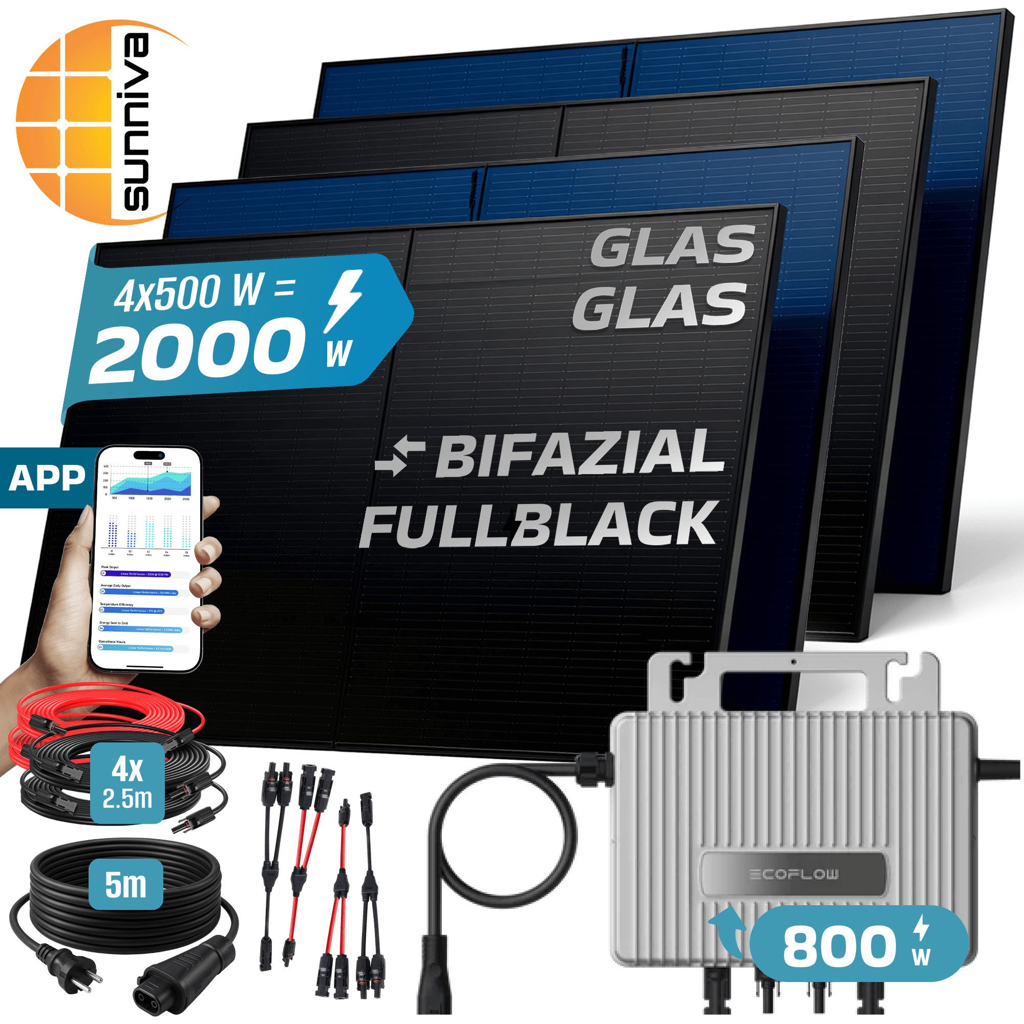 SUNNIVA Balkonkraftwerk 2000W BIFAZIAL FULLBLACK komplett Steckdose, (Ecoflow 800W Wechselrichter, PV Solaranlage, 4x 500W Glas-Glas Solarmodule, inkl. 5m Kabel, Bluetooth WIFI, Komplettset)