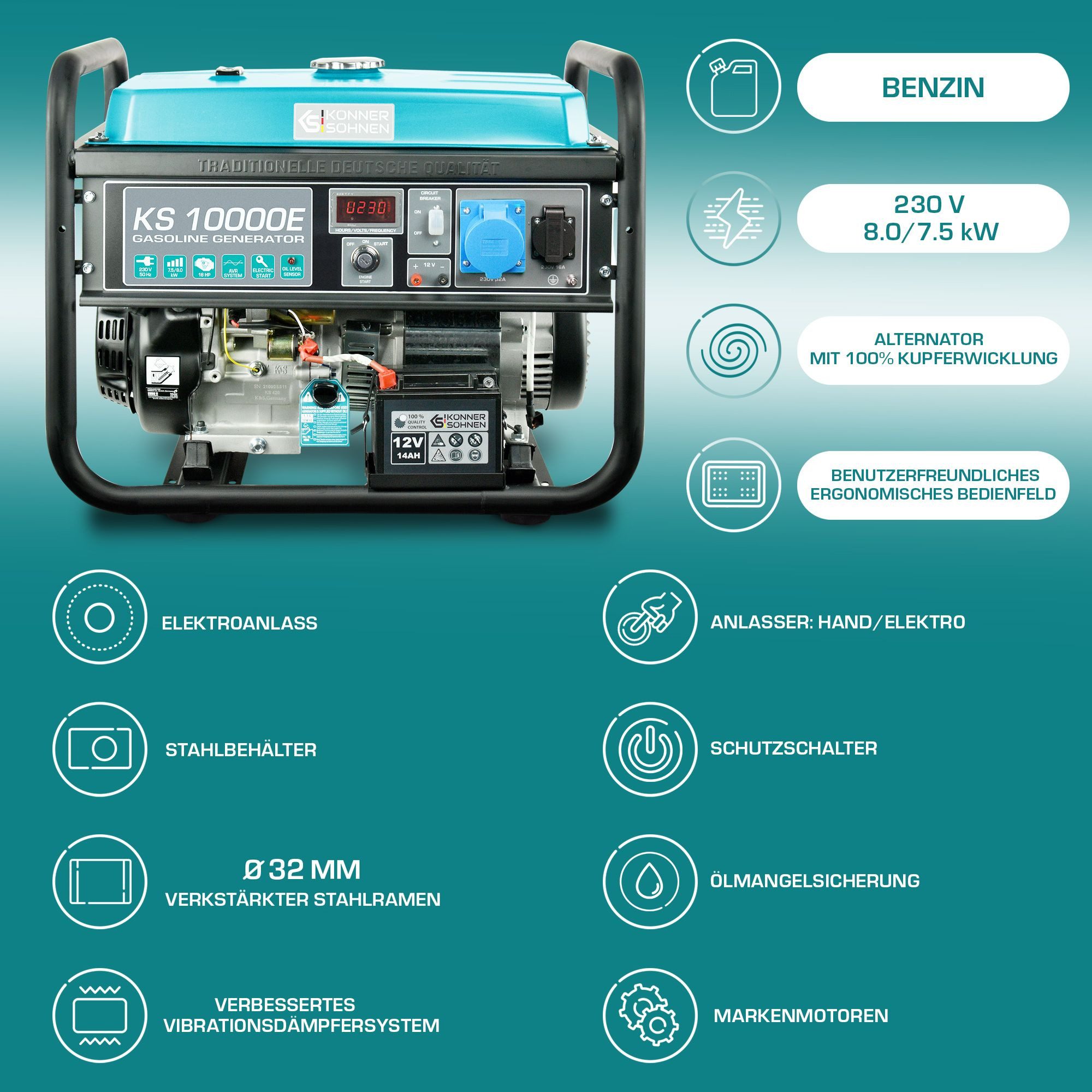Könner & Söhnen Stromerzeuger KS 10000E, 8,00 in kW, (Steckdosen 1x16A (230V), 1x32A (230V), 1-tlg., 18 PS 4-Takt Benzinmotor, Kupfer, E-Start)