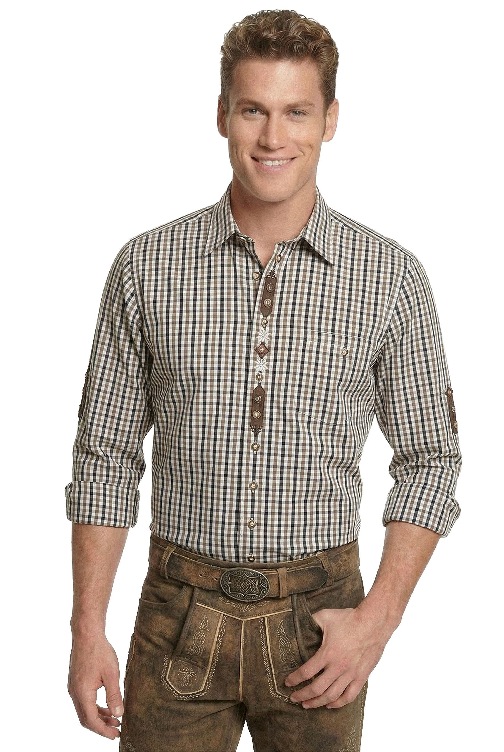 Moschen-Bayern Trachtenhemd Trachtenhemd Herrenhemd kariert Stickerei Edelweiß Wiesn-Hemd Braun