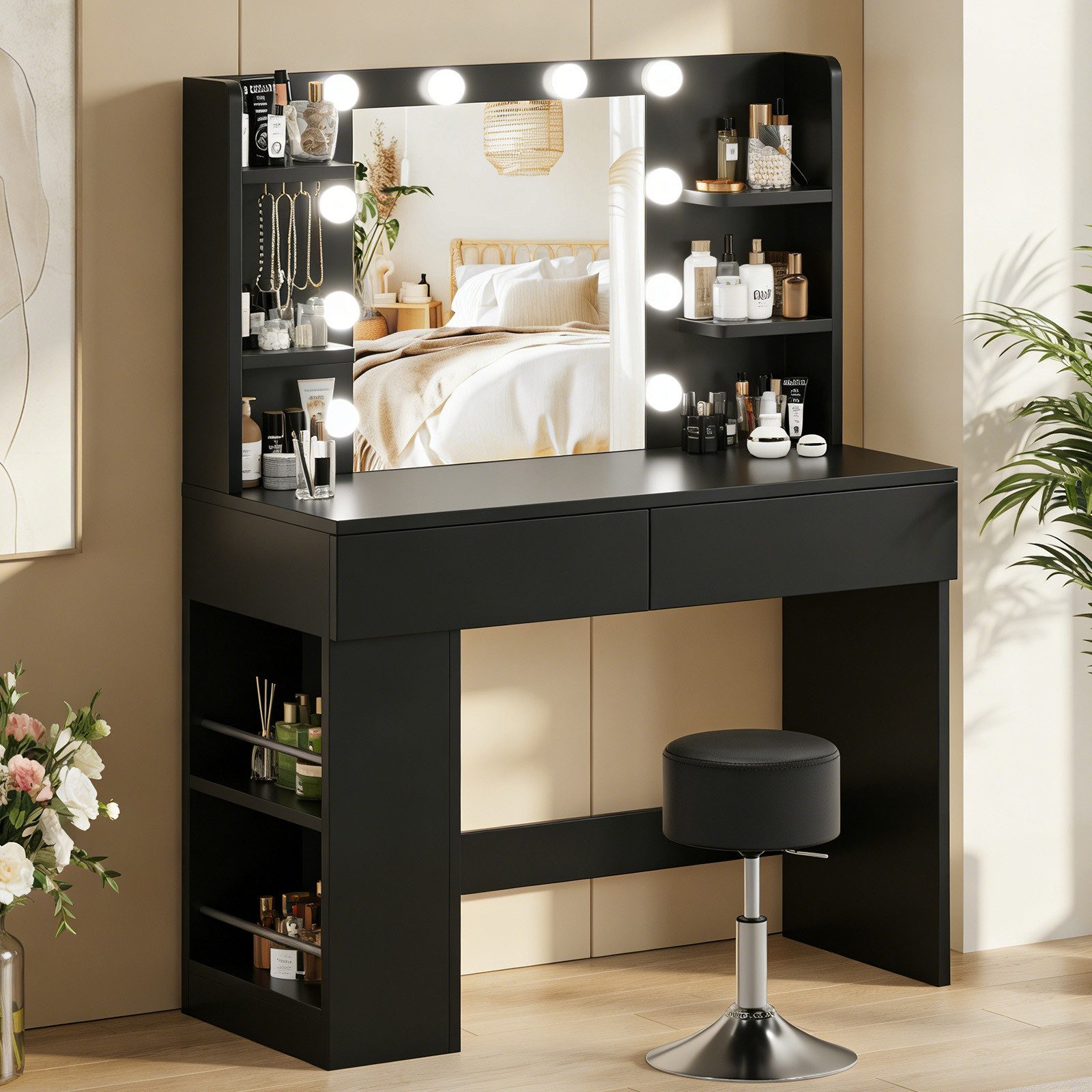 HOMALL Schminktisch Mit dreifarbiger LED-Beleuchtung, Helligkeit einstellbar (Länge × Breite × Höhe) 90 × 40 × 137 cm, mit Steckdose und 2 USB-Anschlüssen, seit – Bild 3 von 5