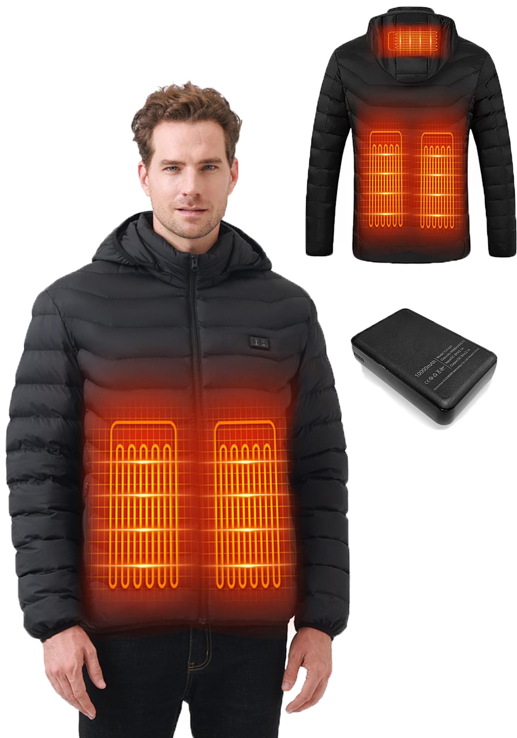 Mincoo Funktionsjacke BeheizbareJacke Herren mit 10000mAh Powerbank 3 Einstellbar Temperatur Warme winterjacke Heizjacke mit kapuze Elektrischer warme steppjacke