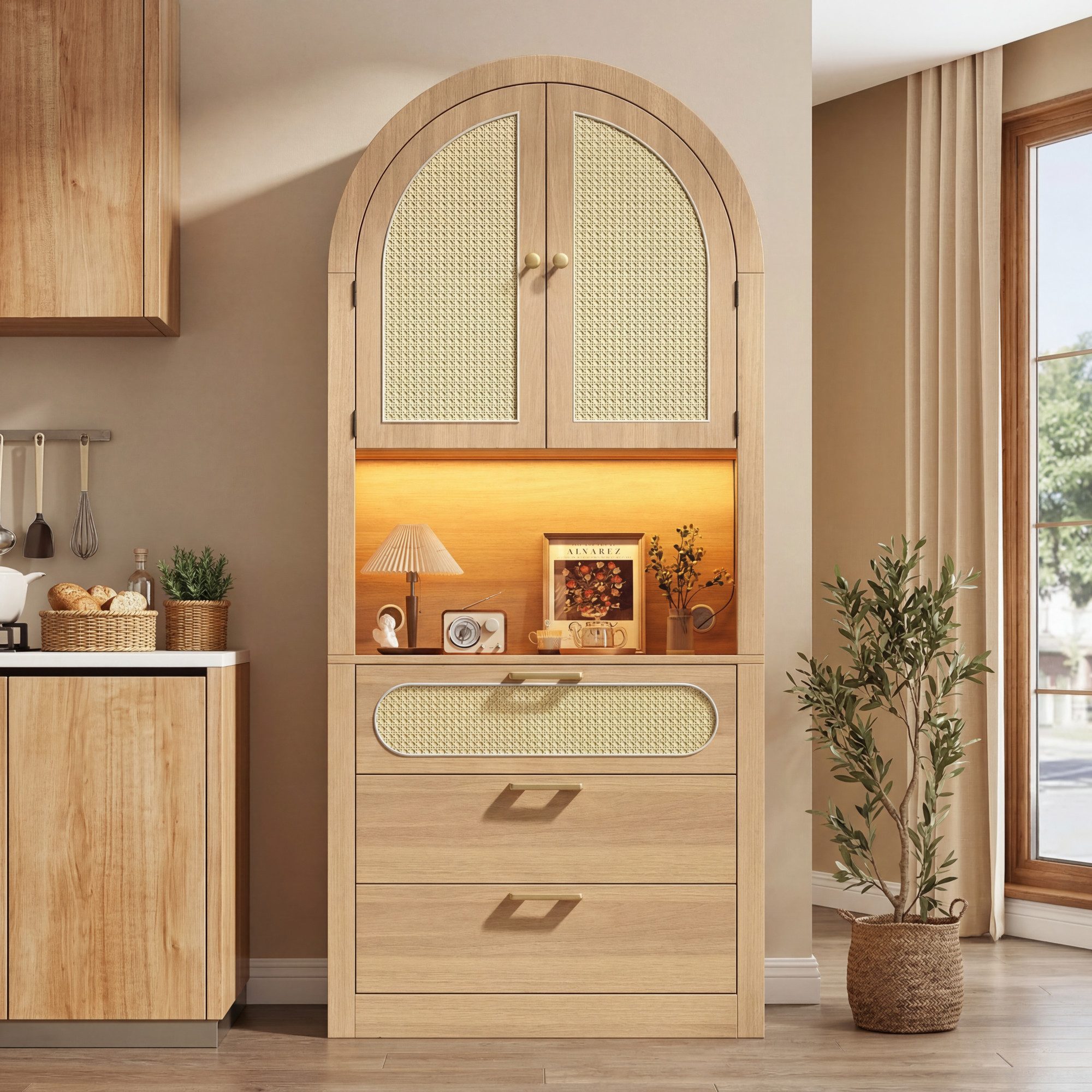 Odikalo Vitrine Vitrinenschrank Rattan gewölbt mit LED 3 Schub (Verstellbare LED-Beleuchtung, 1 offenes Displayfach, 2 Einlegeböden, 3 Schubladen)