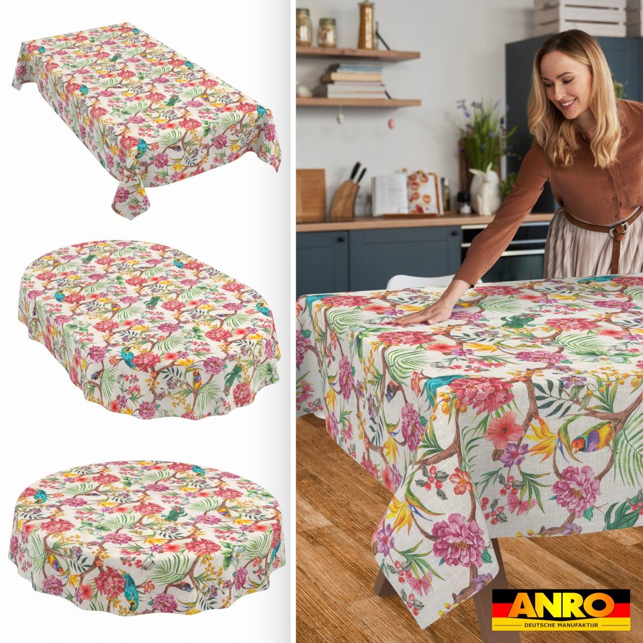 ANRO Tischdecke abwaschbar Bilbao Stoff Premium Tropisch Papagei Tischtuch (Einzelstück 1-tlg), Stoff schmutzabweisend 90x130cm Tropisch Bunt