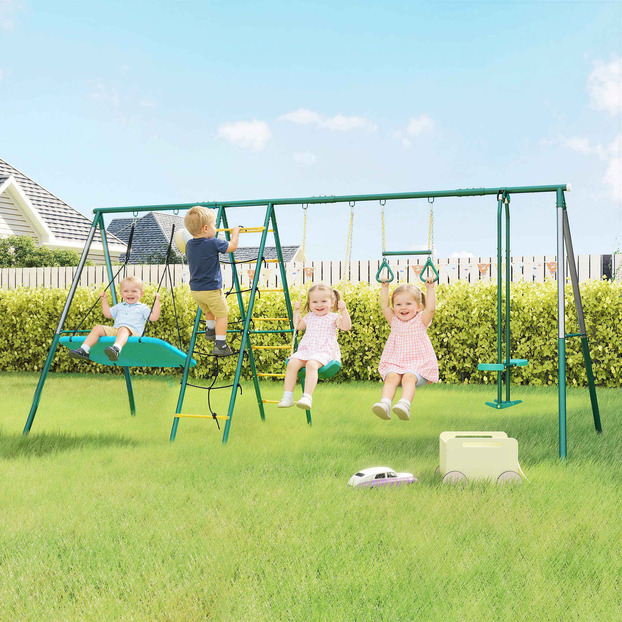 AIYAPLAY Schaukelgestell mit verstellbar Nestschaukel, Turnringe, Doppelsitzer, Klettergerüst, (5-in-1 Kinderschaukel, 1-tlg., Outdoor Schaukelgerüst), für 3-8 Jahre 440x175x203 cm Grün