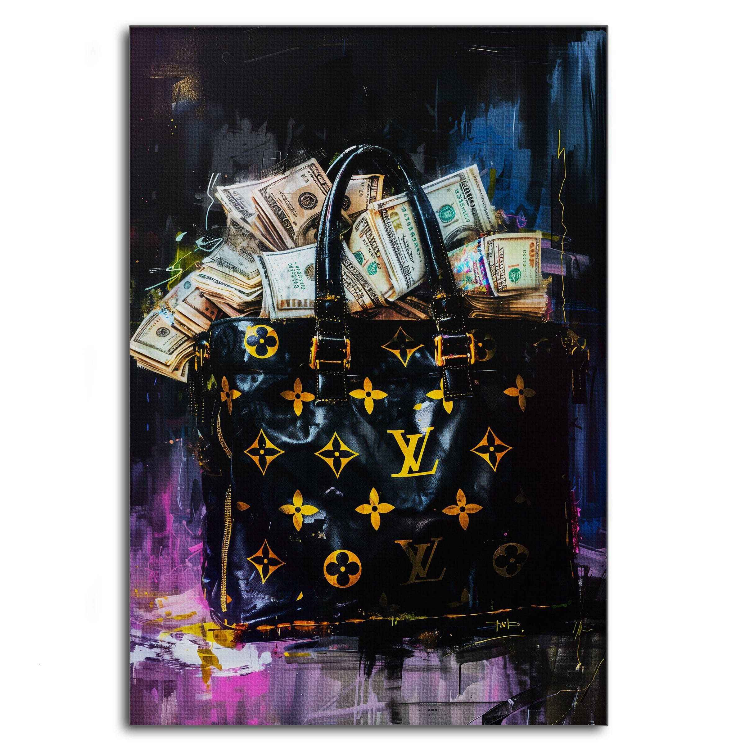 SimpleCanvas Wandbild Money Stacks - Leinwandbild Pop Art / Luxuriös, Wandbild Street Art, Geld, Modern, Tasche