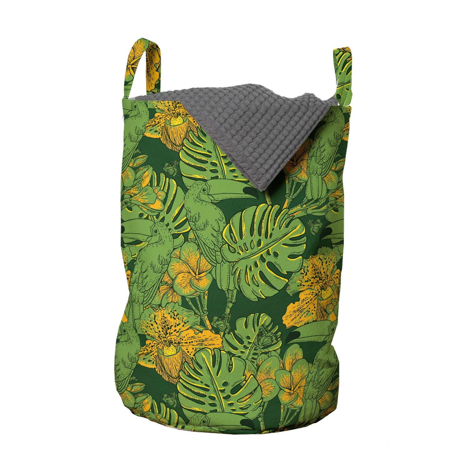 Abakuhaus Wäschesäckchen Wäschekorb mit Griffen Kordelzugverschluss für Waschsalons, Tropisch Insel Blätter und Papageien