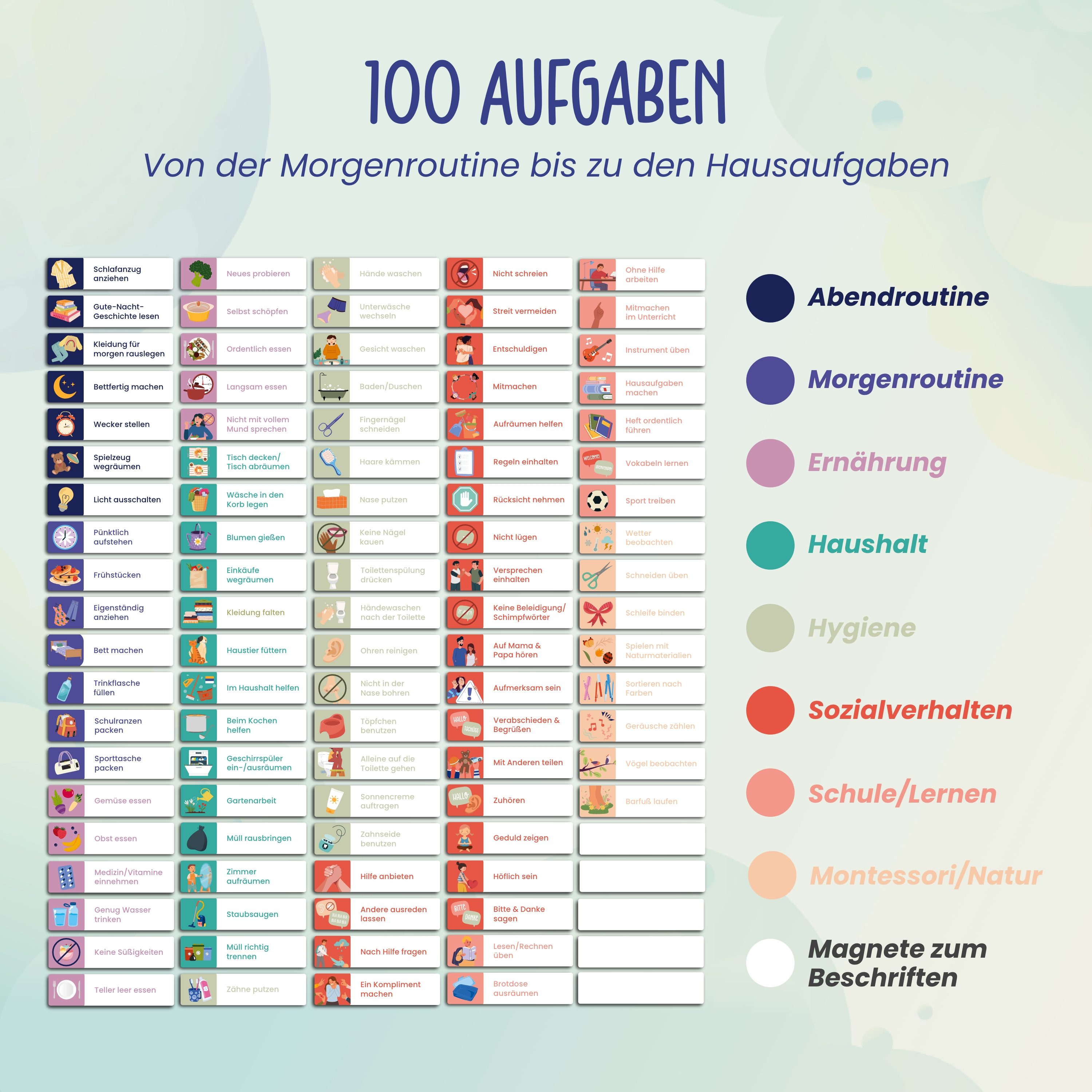 Lilletå Lernspielzeug Belohnungstafel Kinder magnetisch, 100 Aufgaben & 350 Magnete, ab 4 (Komplettset, Tafel, Aufgabenmagnete, Sterne, Stift & Tragebeutel), Be – Bild 5 von 5