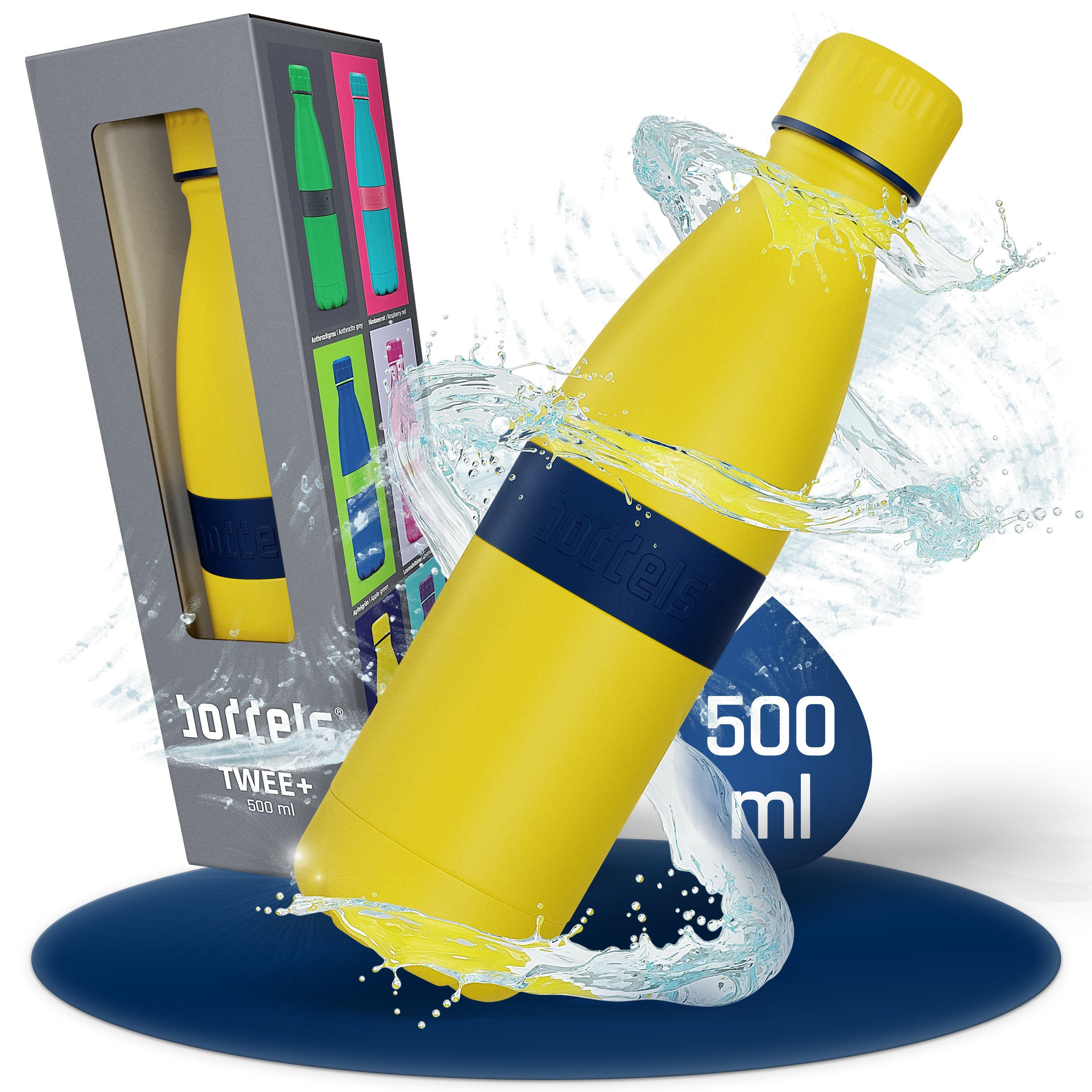 boddels Isolierflasche TWEE+ 500ml - Trinkflasche aus Edelstahl, doppelwandig, auslaufsicher, bruchfest Nachtblau / Gelb