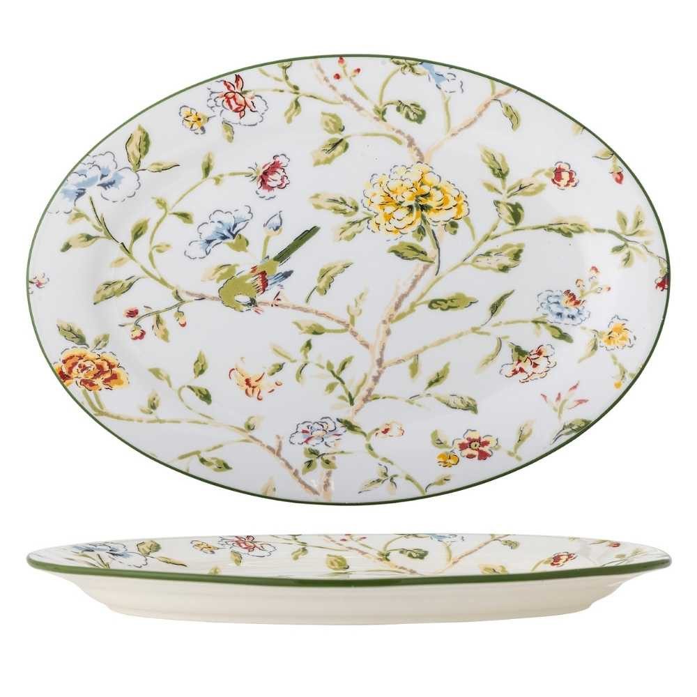 Bloomingville Servierplatte Bloomingville Servierplatte BLOOMIE Weiß mit Blumen Muster 35x25 cm