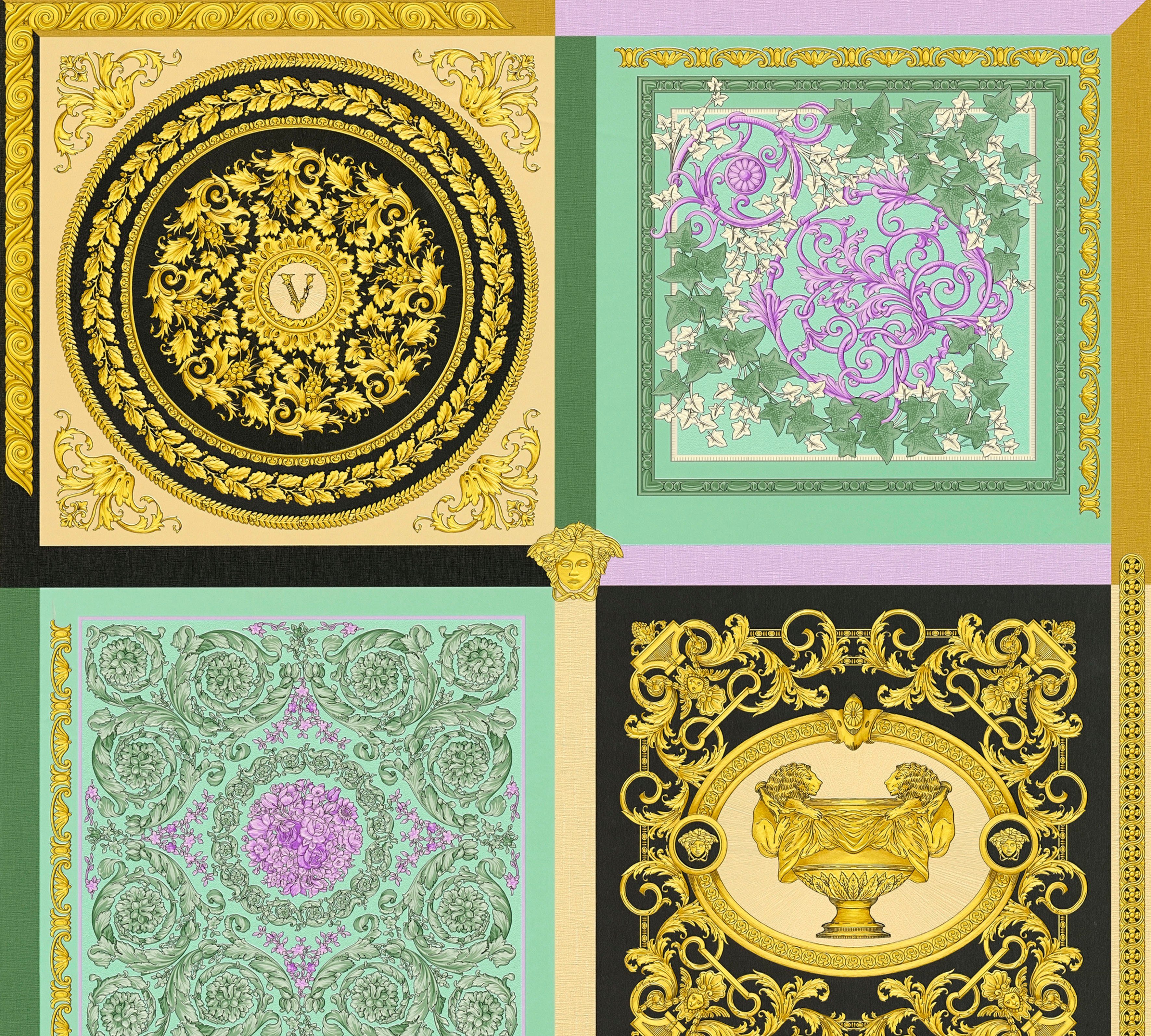 Versace Vliestapete Wallpaper Versace 5 Design Patchwork, leicht strukturiert, leicht glänzend, (1 St), auffallende Fliesen-Tapete mint/lila/schwarz