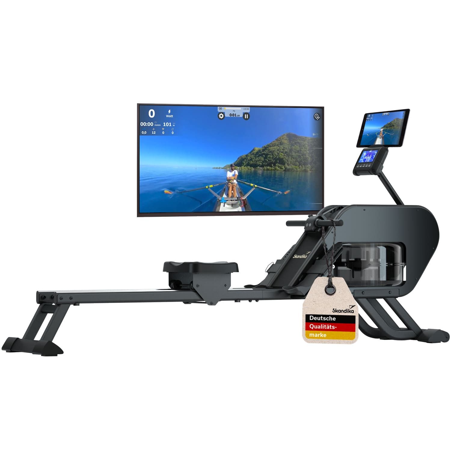 Skandika Rudergerät Nemo III Hybrid, Wasser- und Magnetwiderstand, aufstellbar, für Zuhause, 15 Programme, bis 200 cm, App-kompatibel, LCD-Computer