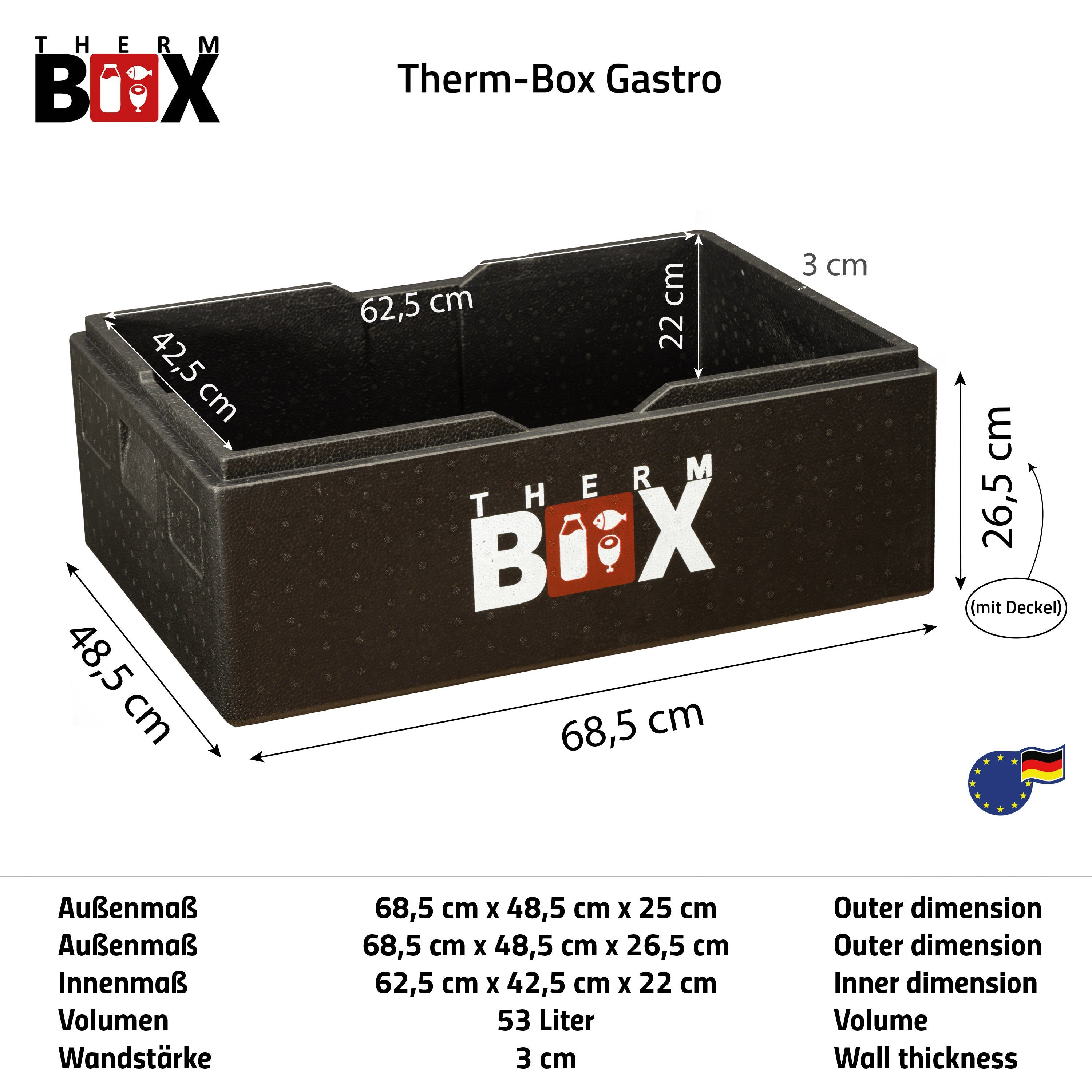Deckel THERM-BOX Styroporbox im 53-Liter Styropor-Piocelan, (1, Innen: für E2 Thermobehälter Kühlbox Profibox mit Kiste 0-tlg., Box Karton), - B53 Warmhaltebox Thermobox Wiederverwendbar, 62,5x42,5x22cm