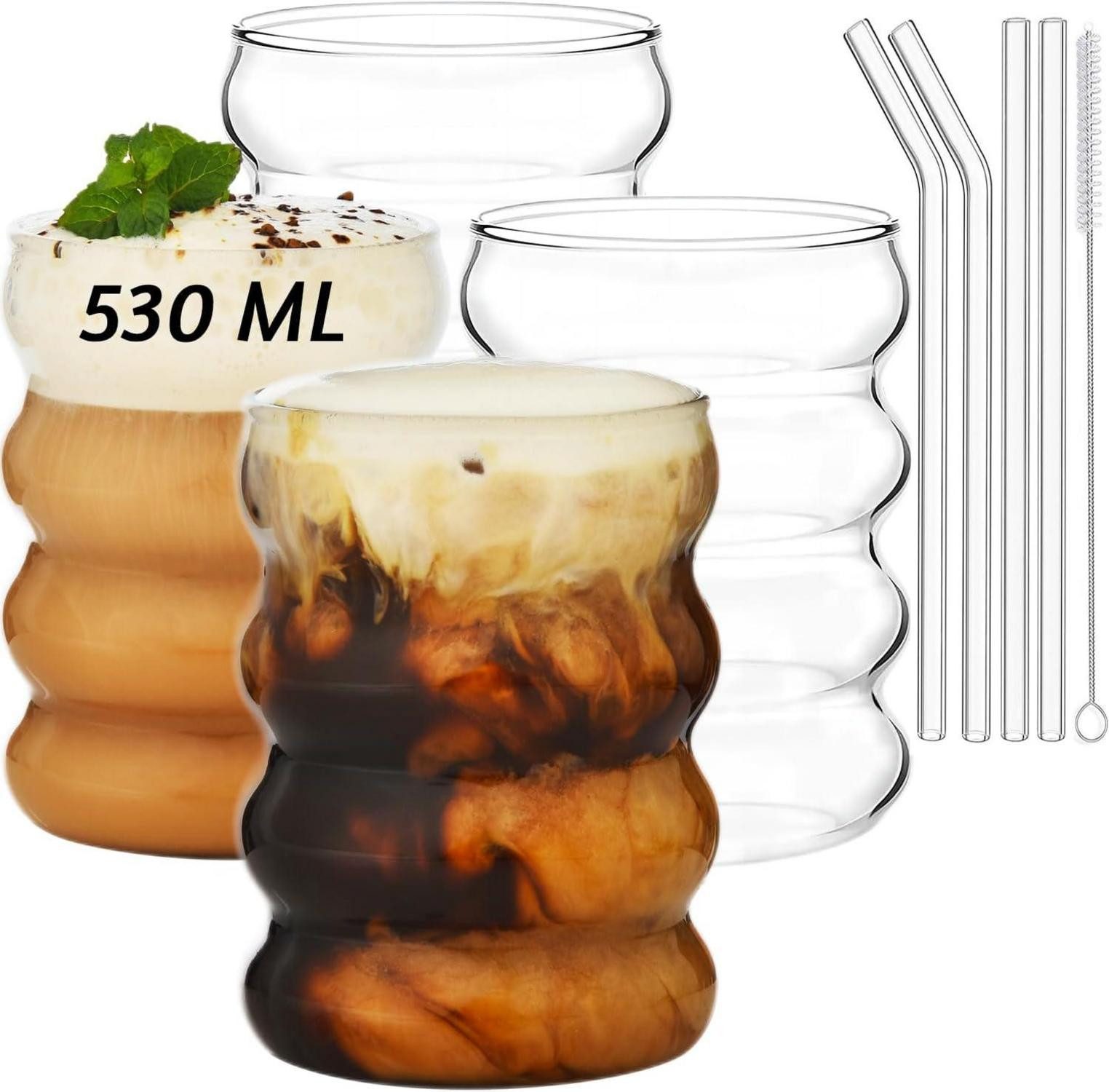 LuxusKollektion Стекло-Set Gerippte Trinkgläser mit Glasstrohhalmen 4er Set 530ml Bubble Wave