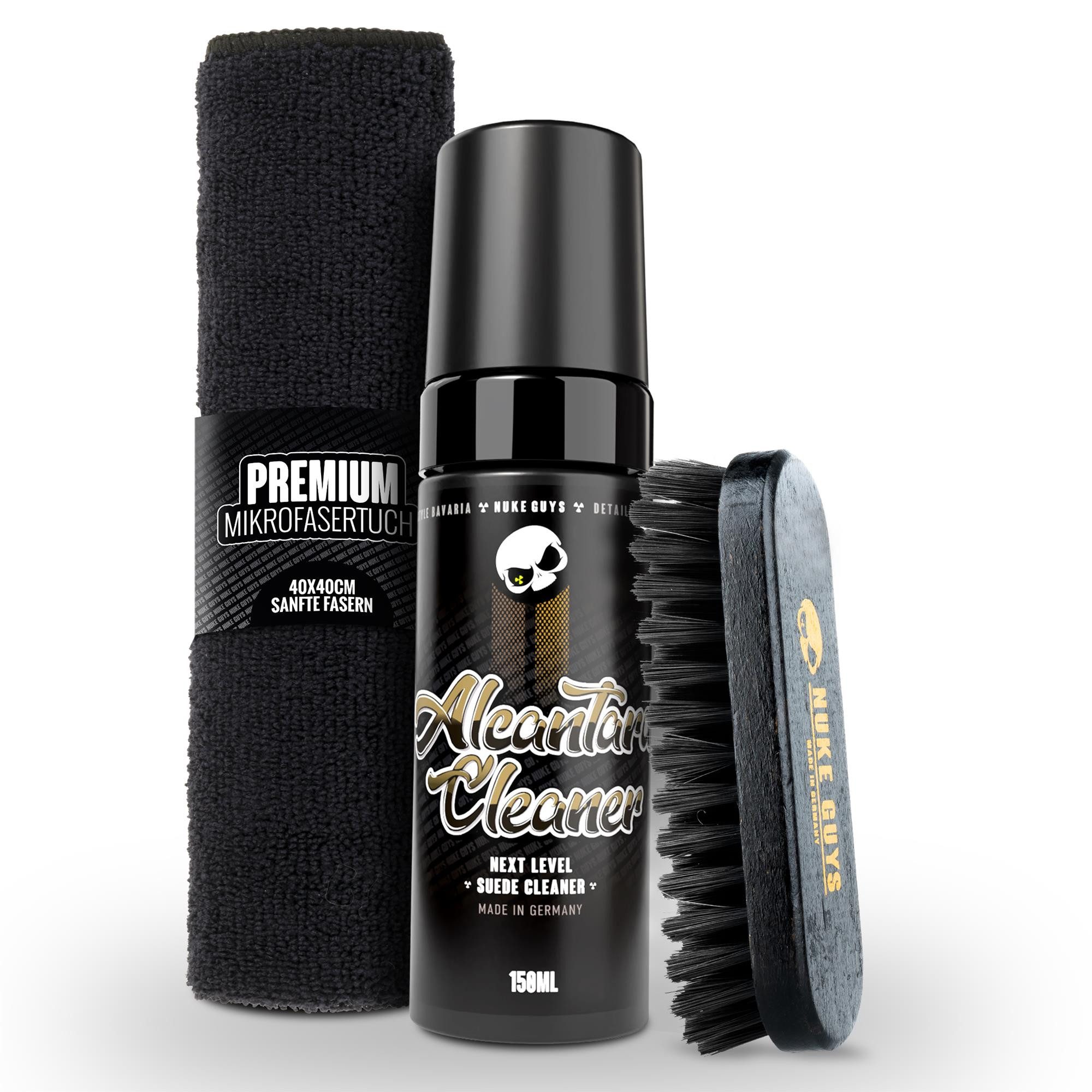 Nuke Guys Alcantara Reiniger Set 150ml Foamer mit Zubehör Auto-Reinigungsmittel (3-St. + Textilbürste + Mikrofasertuch)