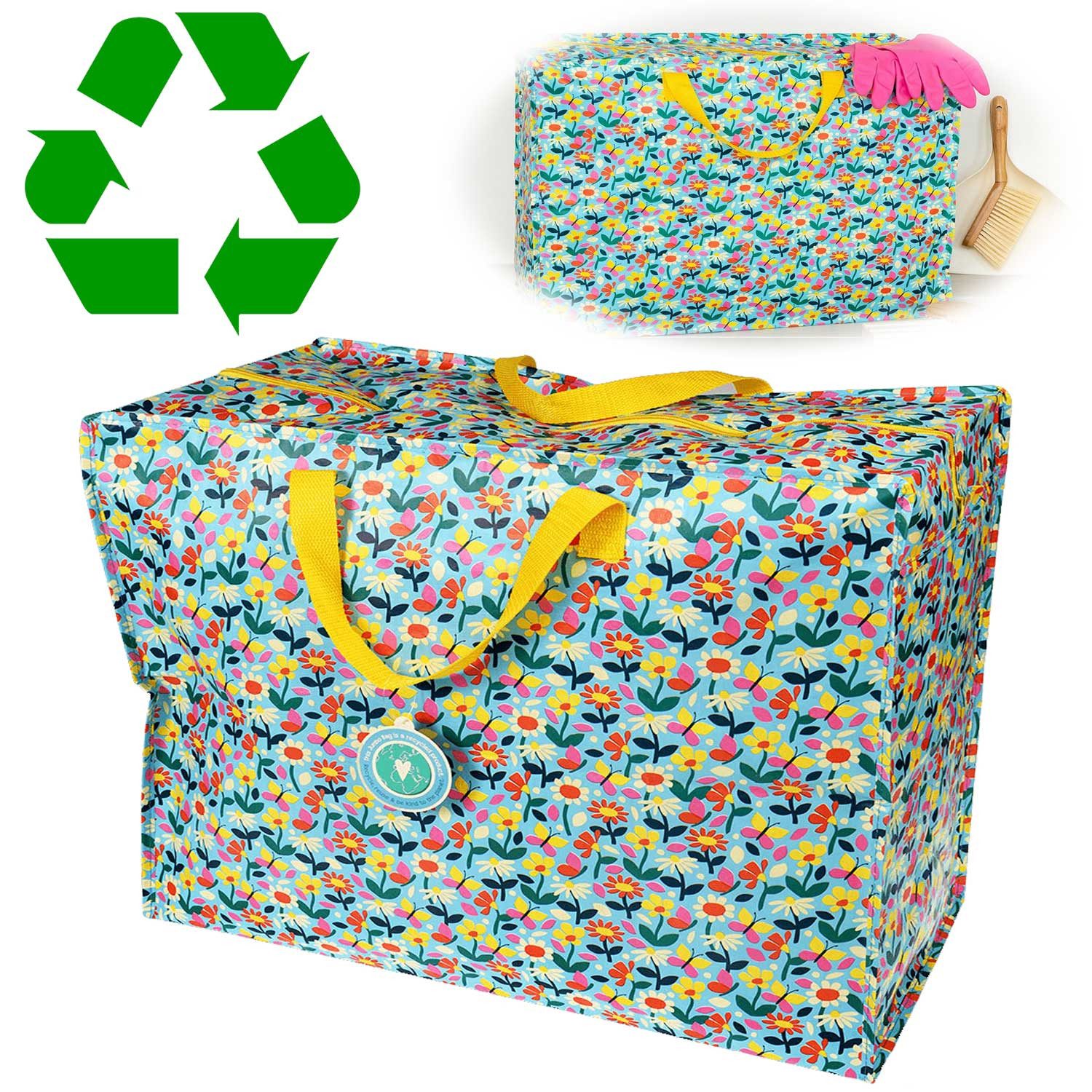 LS-LebenStil Aufbewahrungstasche XXL Jumbo Bag Flower Power 55cm Recycelt Nachhaltig Einkaufstasche (Unterbettkommode Organizer Aufbewahrungsbox, 1-tlg., Einkaufstasche mit Reißverschluss Shopper Riesentasche Tragetasche), Aufbewahrung von Bettwäsche Kleidung Wäsche Spielzeug - Rechteckig
