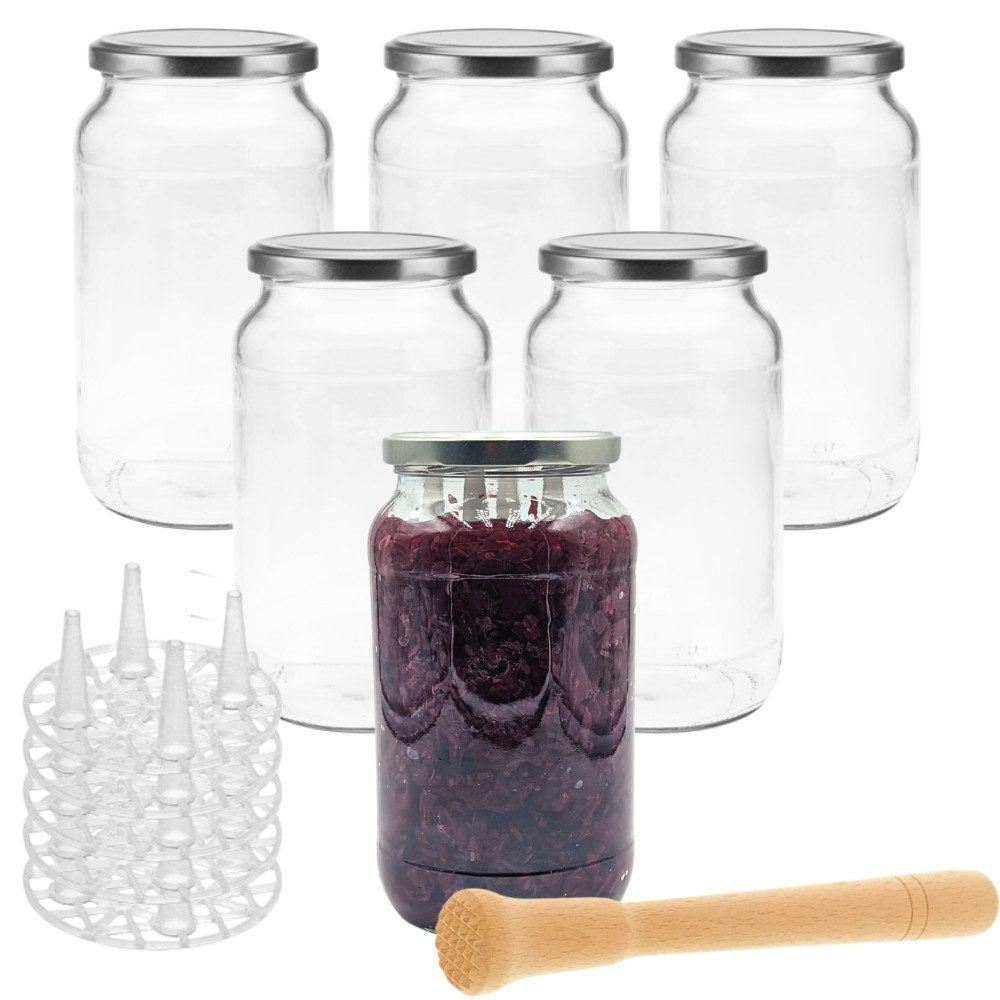 mikken Fermentationsglas Fermentier Set 6 Fermentiergläser 1062 ml inkl Gitter und Stampfer, (6er Set, Start-Set zum Fermentieren mit 6 Gläsern), Made in Europe