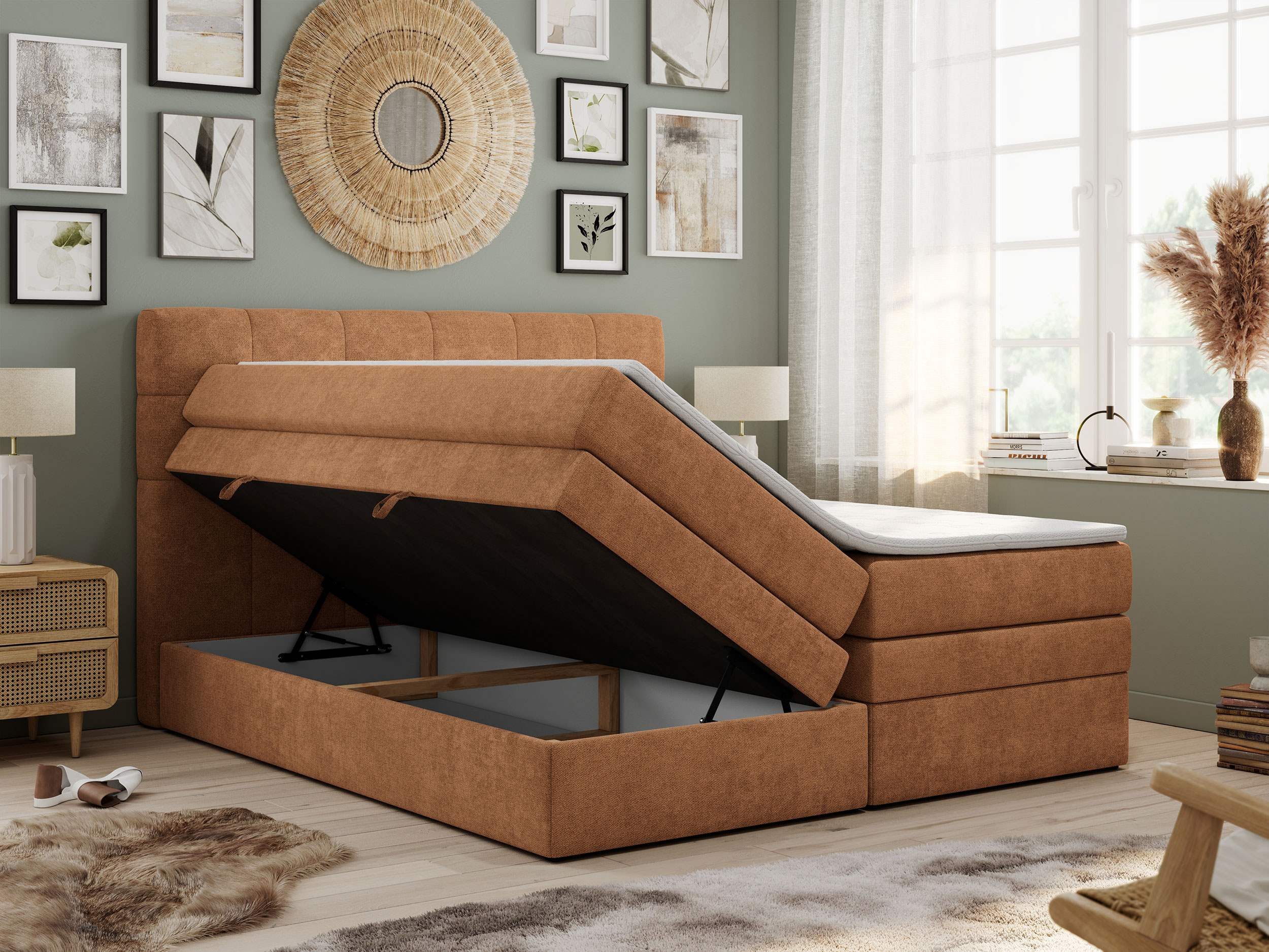 MKS MÖBEL Boxspringbett LUKA KING (King Doppelbett, Multipocket Matratzen, Topper T25/Visco, T30-Schaum), Polsterbett mit Bettkasten und fünf Matratzen
