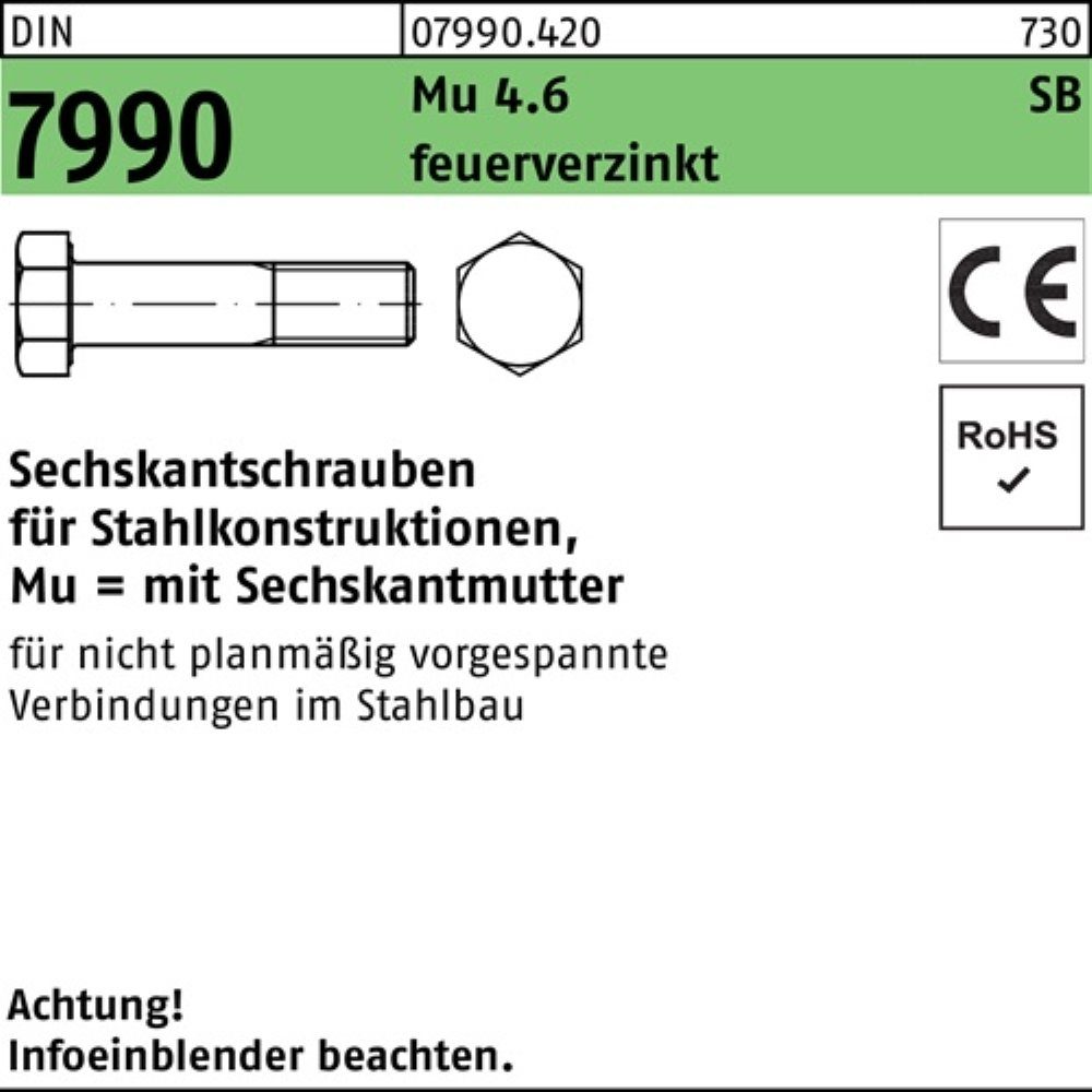 Reyher Sechskantmutter 100er Pack Sechskantschraube M12x90 CE DIN fe 4.6 7990 Sechskantmutter