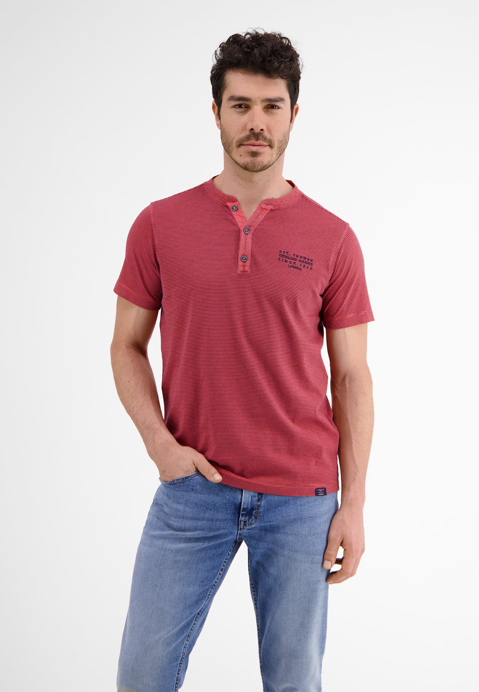 LERROS T-Shirt LERROS Serafino mit Finelinerstreifen HIBISCUS RED