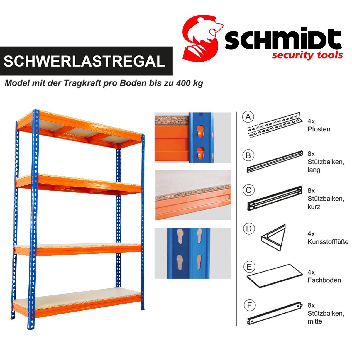 SCHMIDT security tools Steckregal Schwerlastregal Boden pro 400kg Schwerlastregal 180x120x45cm